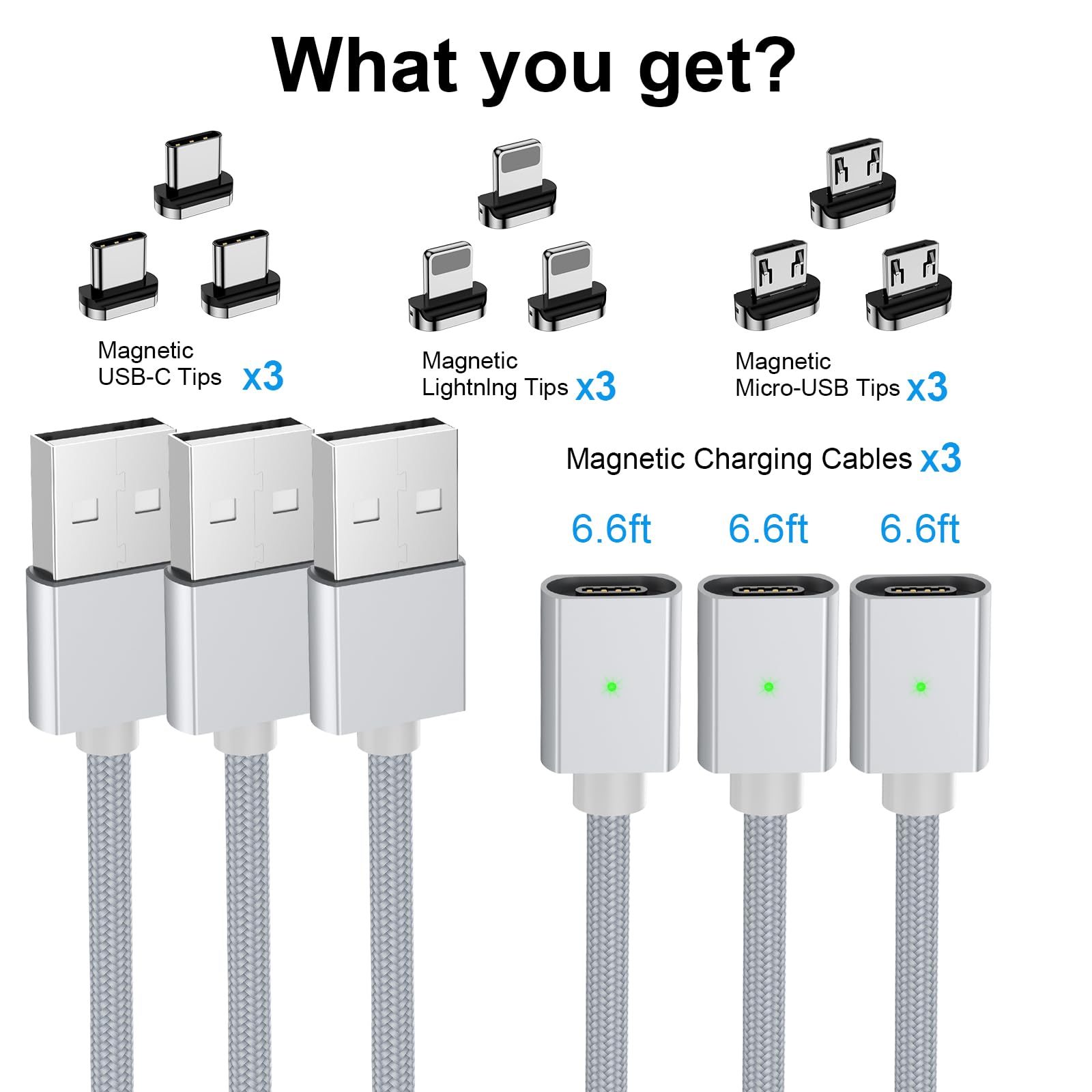 3-Pack Magnetic Charging Cable - 3A Fast Charging (6.6ft Each) - Nylon Braided 3-in-1 Phone Charger with LED Light for iPhone/Android - Compatible with Lightning/USB-C/Micro-USB - Perfect for Home, Office & Travel Charging Needs