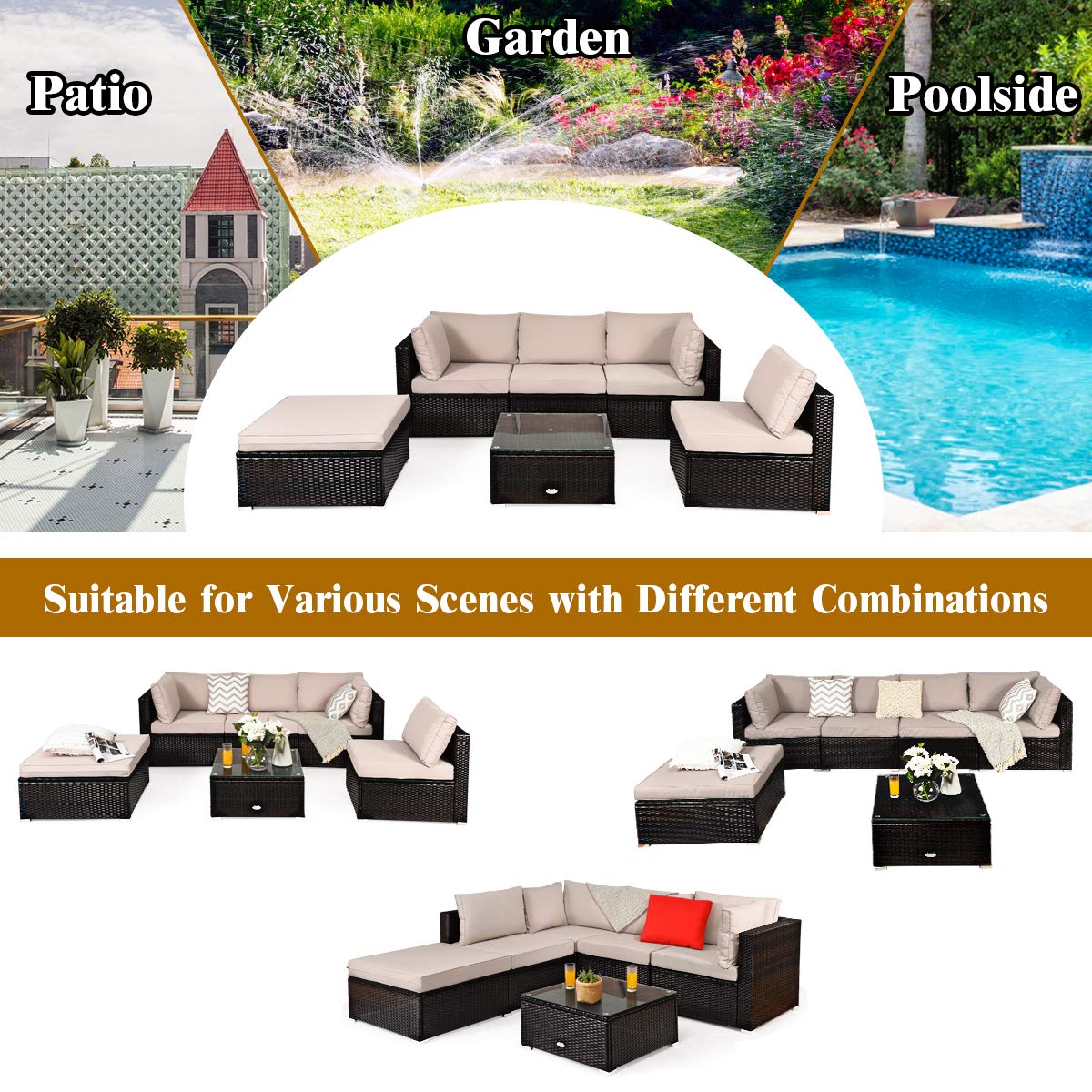**Tangkula 6-Piece Patio Furniture Set - Outdoor Wicker Sectional Sofa with Coffee Table, Durable Steel Frame & PE Rattan, Beige - Perfect for Backyard, Deck, Lawn, and Garden Relaxation**