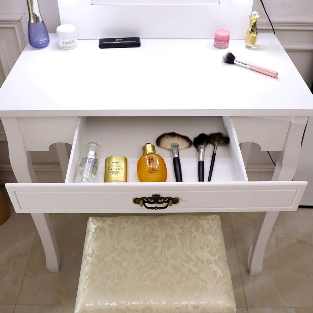 Modern Vanity Set with Lighted Mirror & 10 LED Lights - Makeup Dressing Table with Large Drawer, White Warm LED Bulbs (Set of 2) - Perfect for Bedroom, Home Salon & Beauty Room Organization