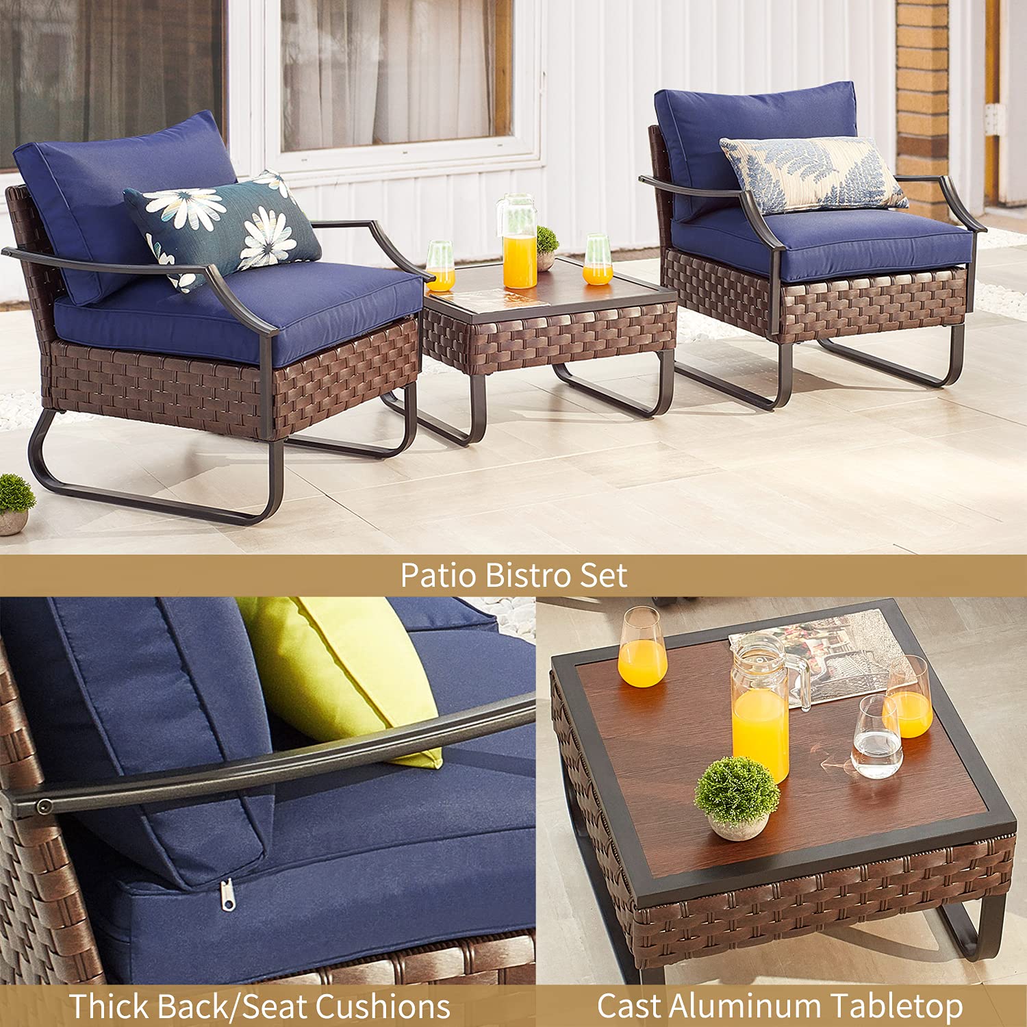 PatioFestival 3-Piece All-Weather Wicker Outdoor Bistro Set with 8.66