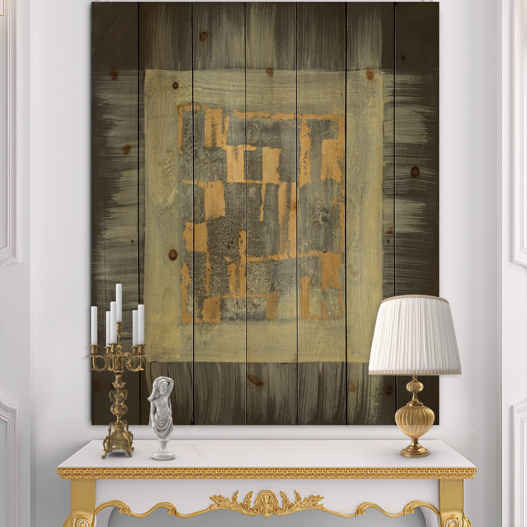 DesignQ Gold Geometric Tapestry II - Modern Wood Wall Art Decor, Large Abstract Wood Panel Printed on Natural Pine - Perfect for Living Room, Bedroom & Office Wall Decoration