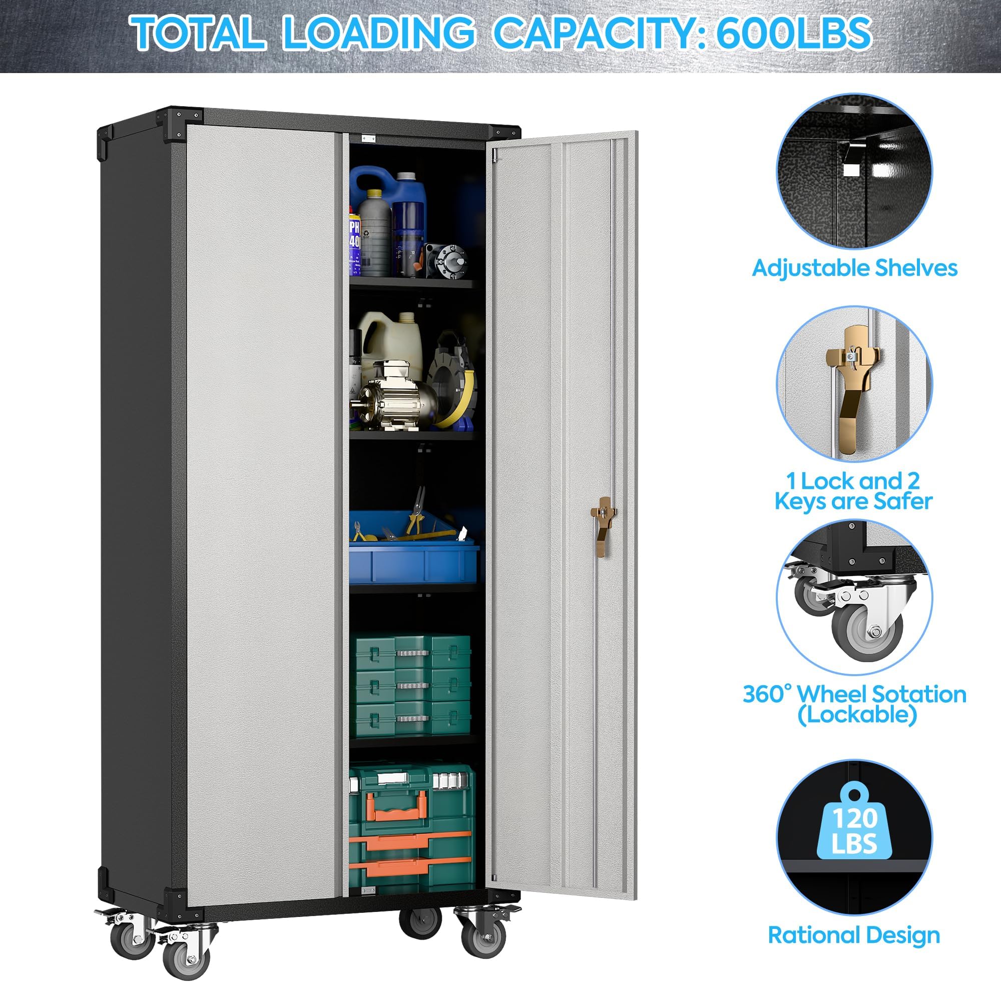 Heavy-Duty Metal Garage Storage Cabinet with Wheels - 72