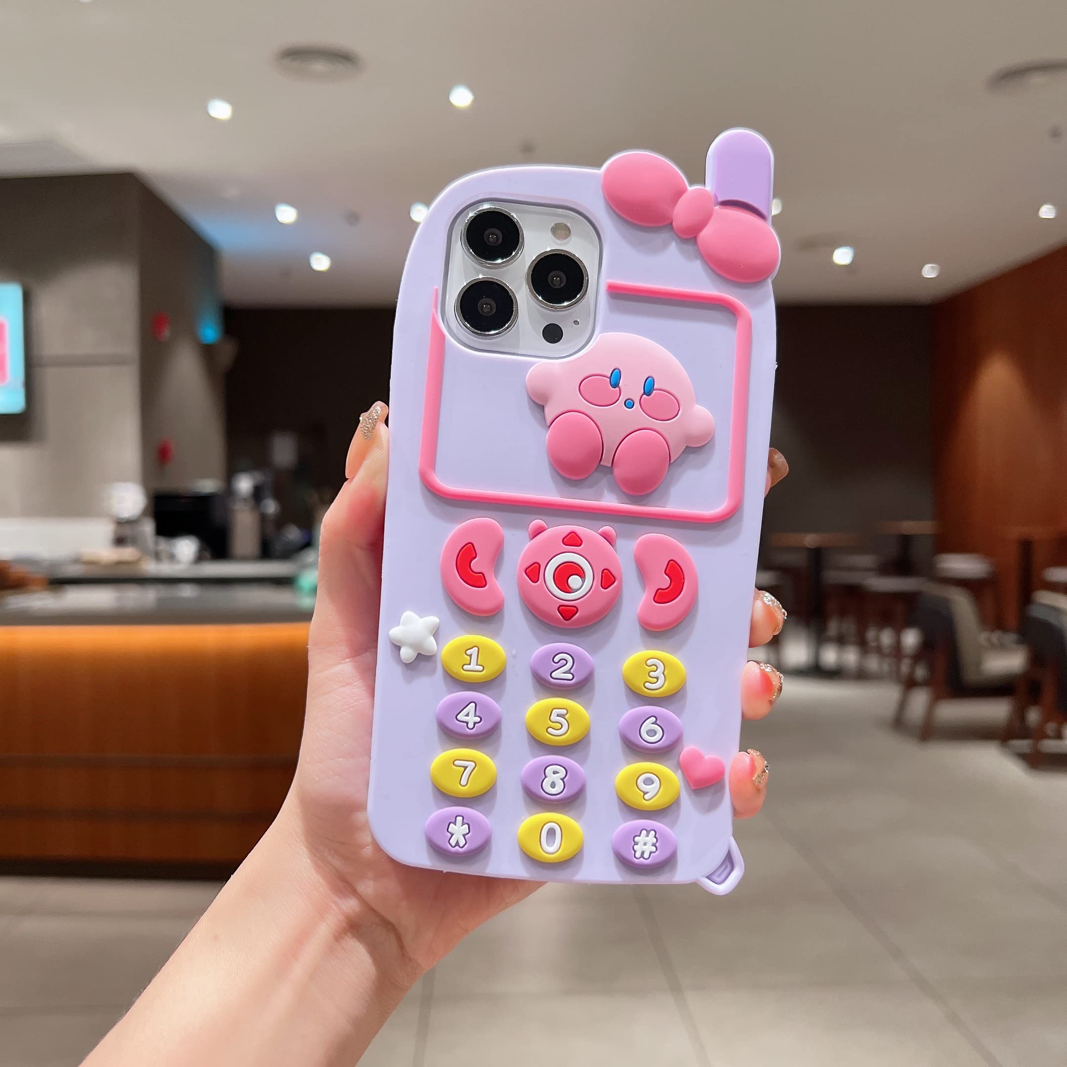 3D Cute Cartoon Kawaii Purple Kirby Retro Phone Case for iPhone 13 Pro Max 6.7 Inch - Soft Silicone Rubber Protective Cover for Kids, Girls & Women - Perfect for School, Work & Everyday Use (Kirby)