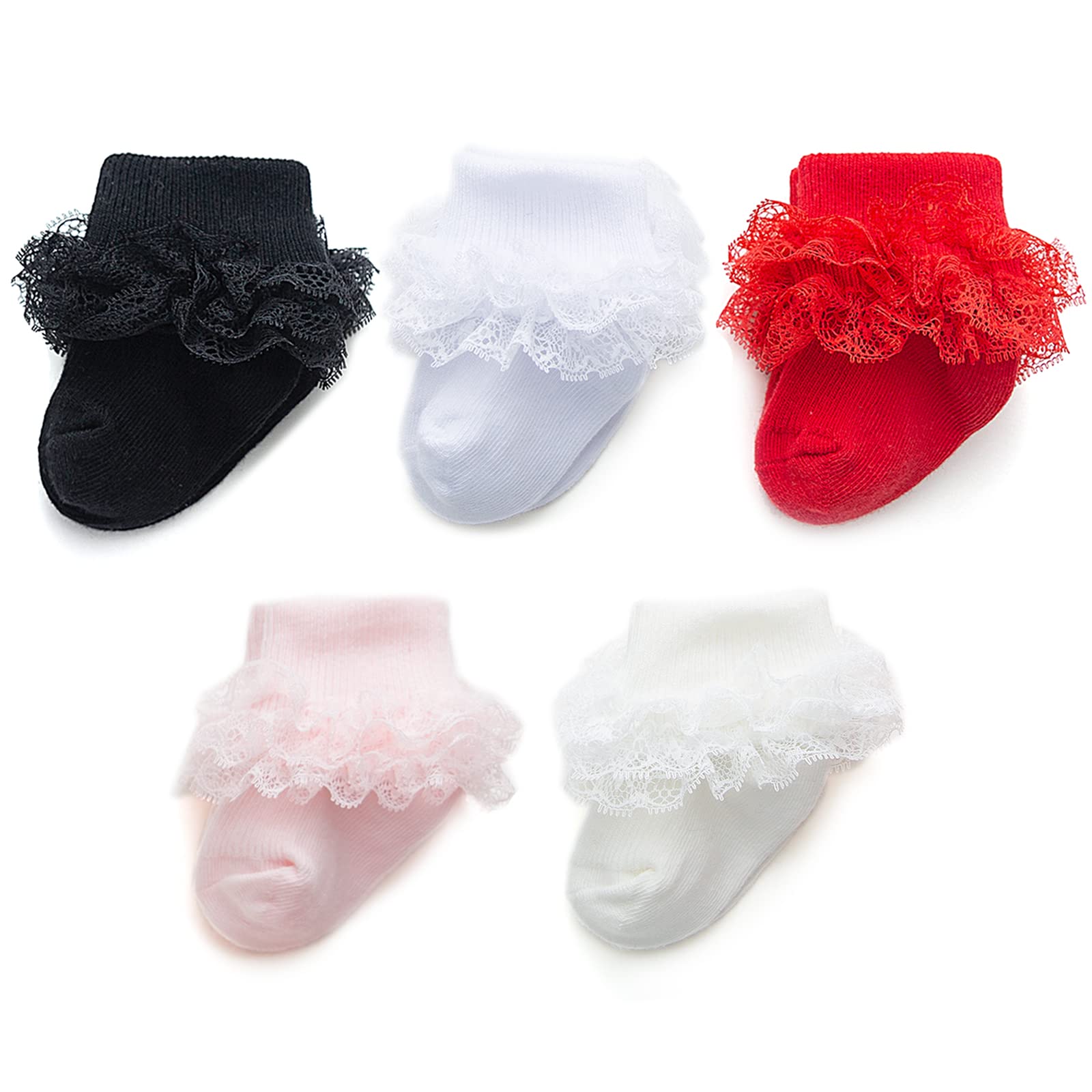Adorable Baby Girl Socks with Eyelet Triple Lace Ruffles - 2/3/5 Pairs Ankle Dress Socks for Newborns, Infants & Toddlers - Perfect for Special Occasions, Photo Shoots & Everyday Wear