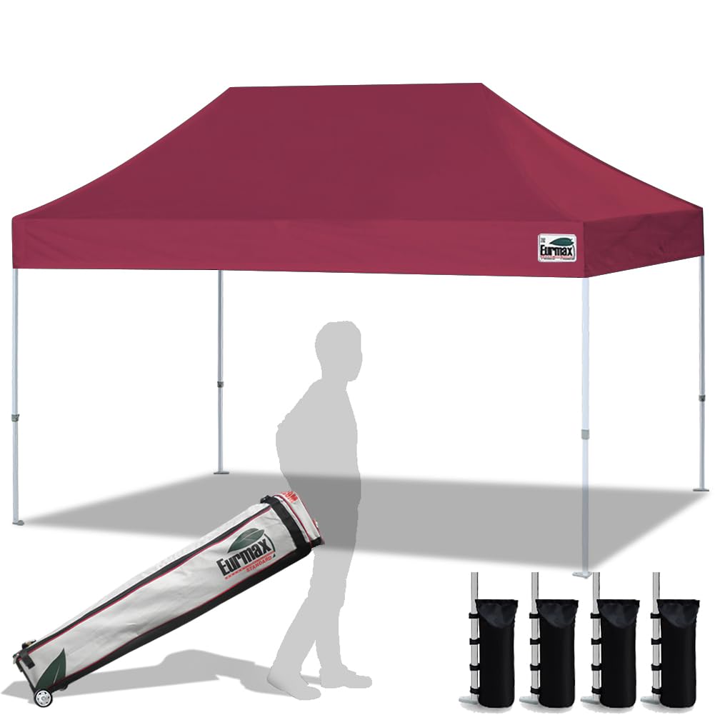 Eurmax USA 10x15 Feet Pop Up Canopy Tent - Heavy Duty Commercial Instant Shelter with Roller Bag & 4 Sand Weight Bags (Burgundy) - Perfect for Outdoor Events, Farmers Markets, Beach Parties, and Tailgating