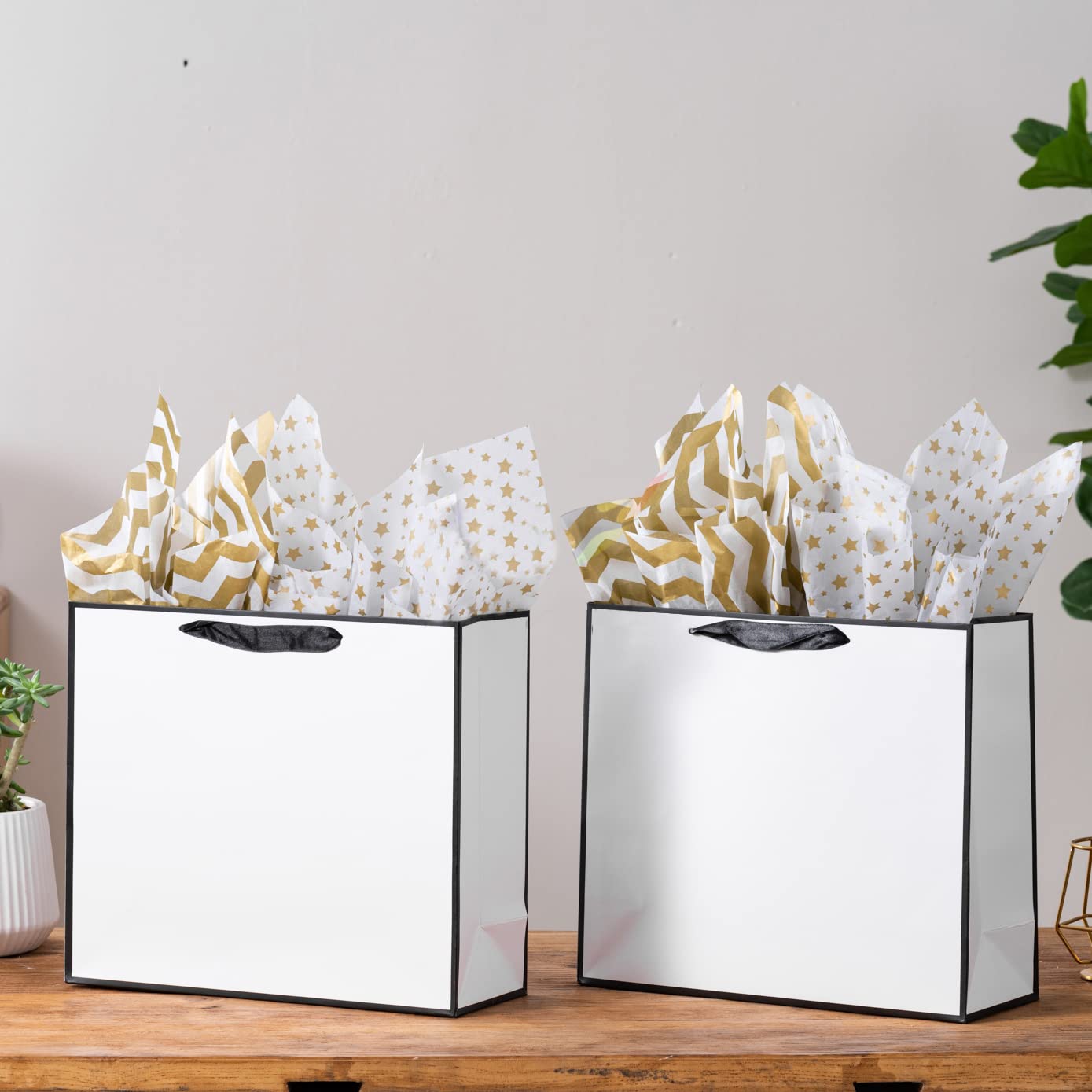 SHIPKEY 12 Pack White Gift Bags with Tissue Paper - 12.5x4.5x11 Inches Large Paper Bags with Ribbon Handles for Birthday, Wedding, Baby Shower & Holiday Gifts