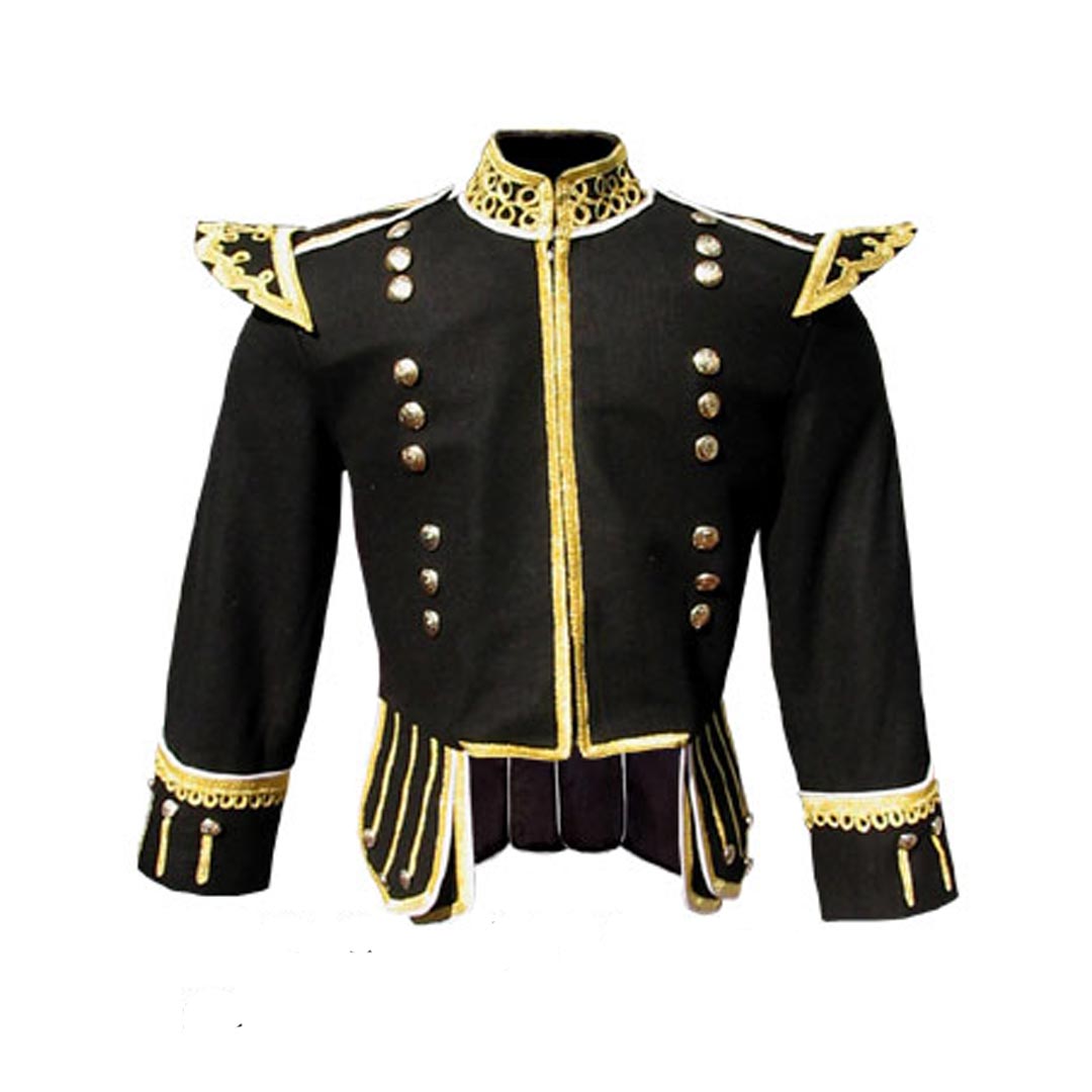 Black Pipe Band Doublet with Gold Braid & White Piping - Premium Scottish Highland Dress Jacket with Front Zip Closure (6 Sizes) - Perfect for Bagpipe Performances, Celtic Weddings & Formal Events