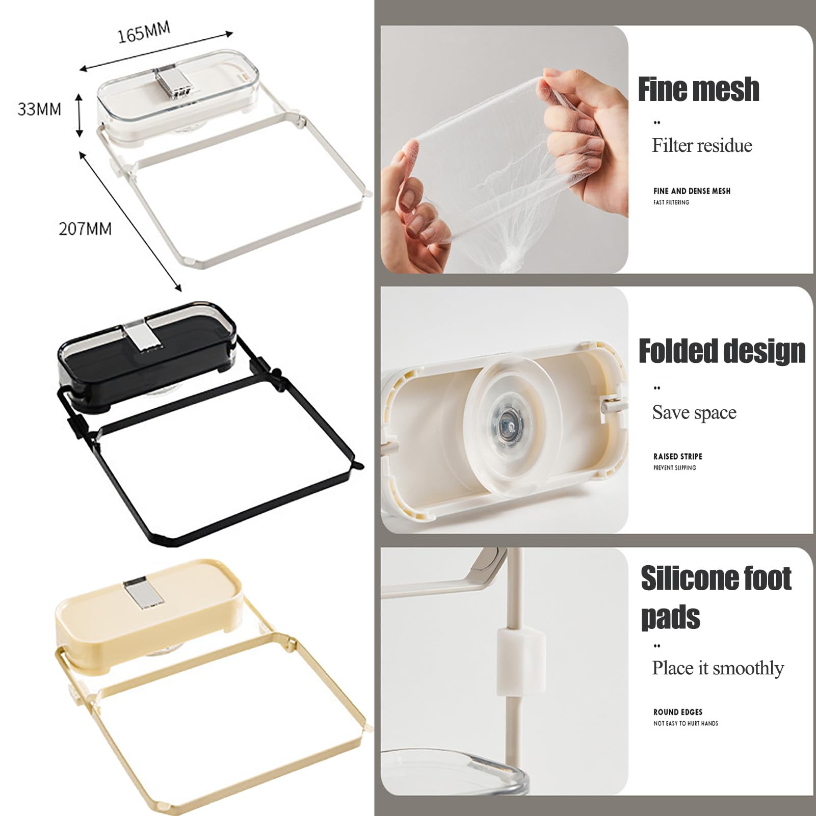 Premium Kitchen Sink Filter with 50 Reusable Mesh Bags - Foldable Drain Rack with Strong Suction Cups for Fruits, Vegetables & Dishwashing - Space Saving Black Sink Strainer for Modern Kitchens