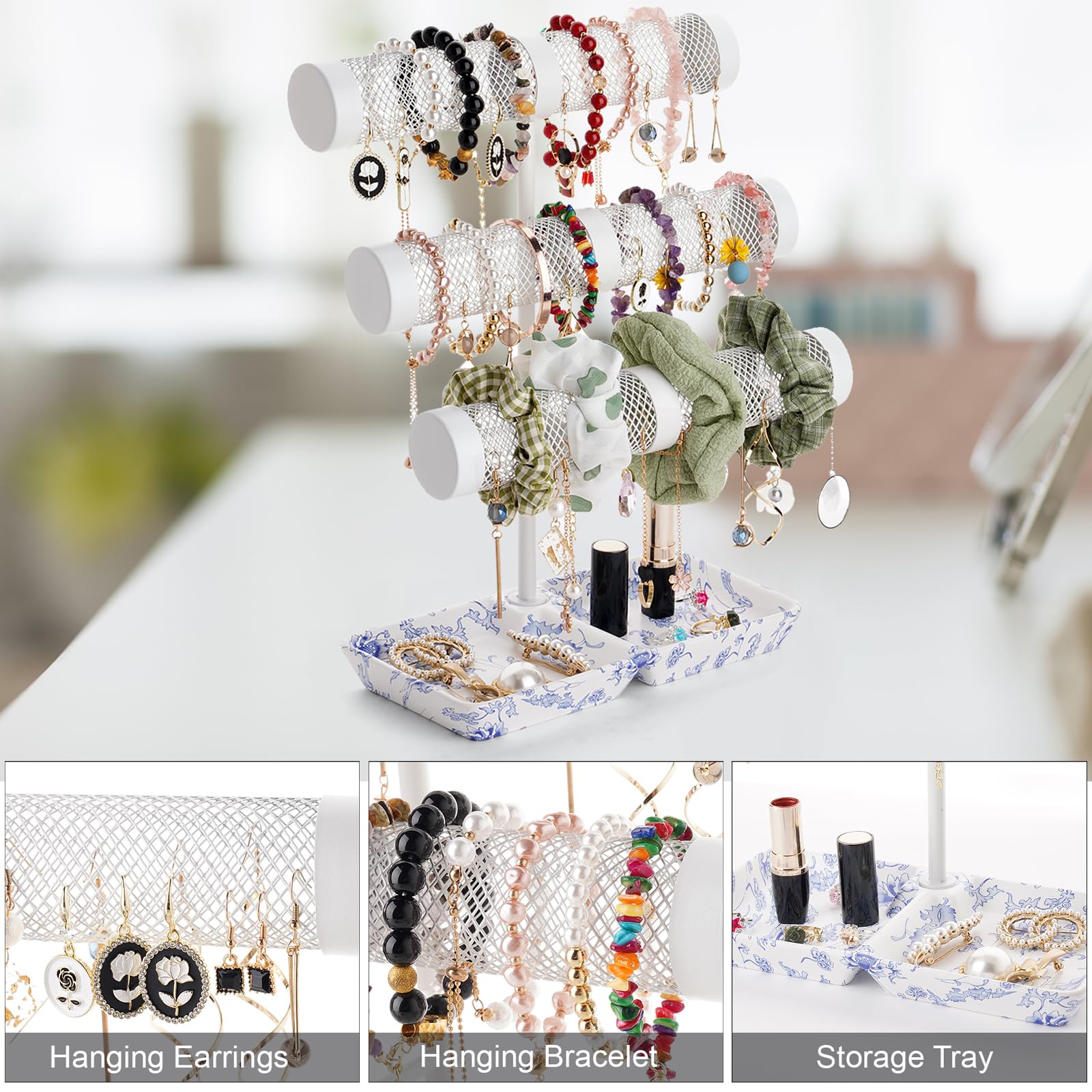 3-Tier Bracelet Holder & Jewelry Organizer Stand - Display Bracelets, Earrings, Necklaces, Watches & Scrunchies - Elegant Porcelain Ring Tray - Perfect Gift for Women (Home Decor, Boutique Display, Jewelry Storage)
