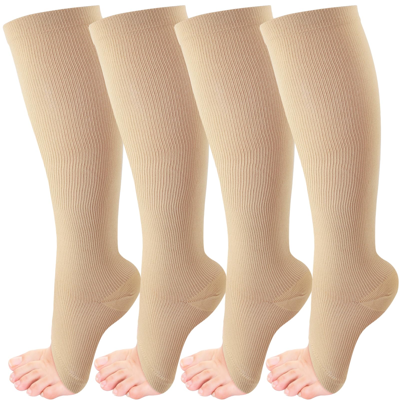4 Pairs Open Toe Compression Socks 15-20 mmHg - Knee High Support Stockings for Women & Men - Improve Circulation & Reduce Swelling - Perfect for Travel, Running & Recovery