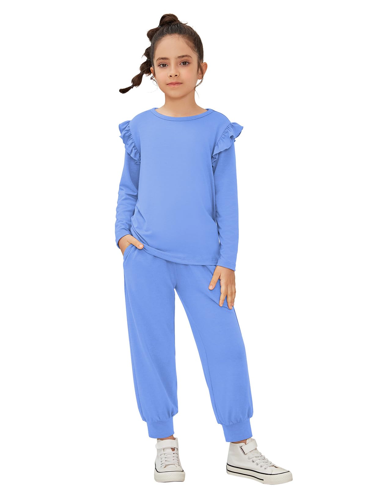 QPANCY Girls 2-Piece Tracksuit Set - Stylish Ruffle Pullover Sweatshirt & Comfortable Sweatpants for Kids | Perfect for School, Playdates & Casual Outings