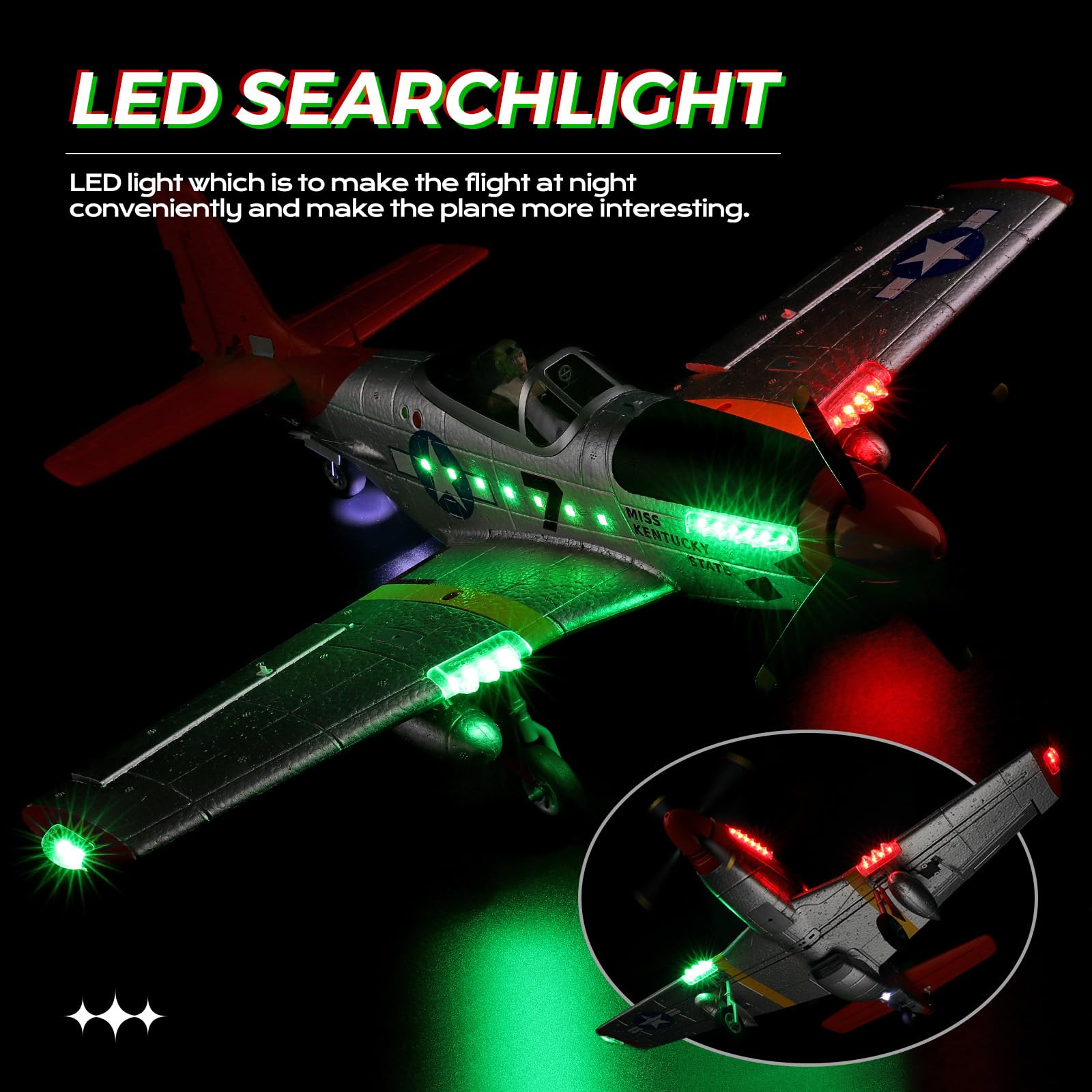 WLtoys XK A280 P51 Mustang 4 Channel RC Airplane with LED Lights - 2.4G Brushless Remote Control Plane for Adults (6G/3D Mode) - Perfect for Hobby Flying, Outdoor Sports & RC Plane Gifts