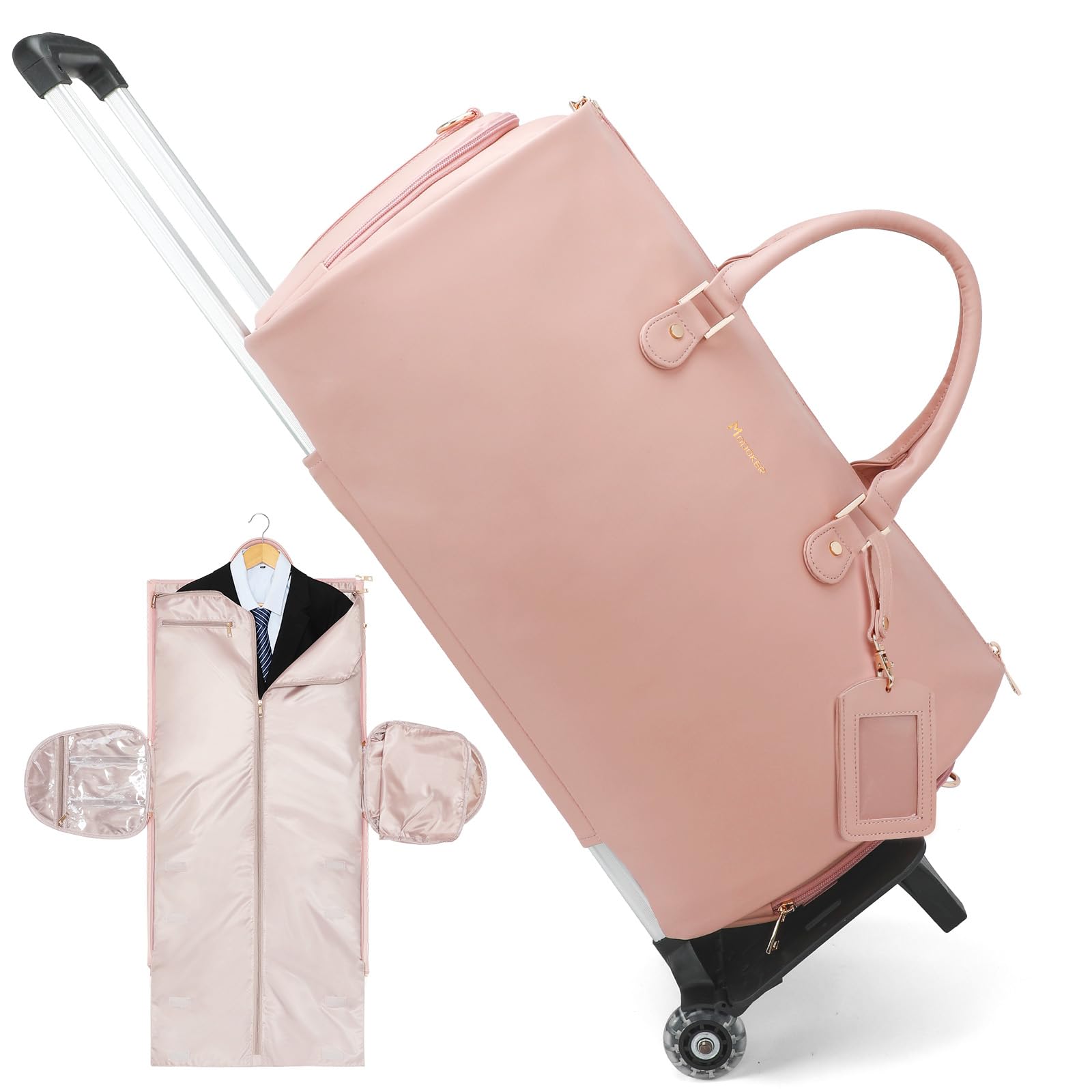 Modoker Rolling Garment Bags with Wheels - PU Leather Convertible Travel Garment Duffel Bag for Women, Trolley Suitcase Luggage with Smooth Wheels (Pink) - Perfect for Business Trips, Vacation & Airplane Travel