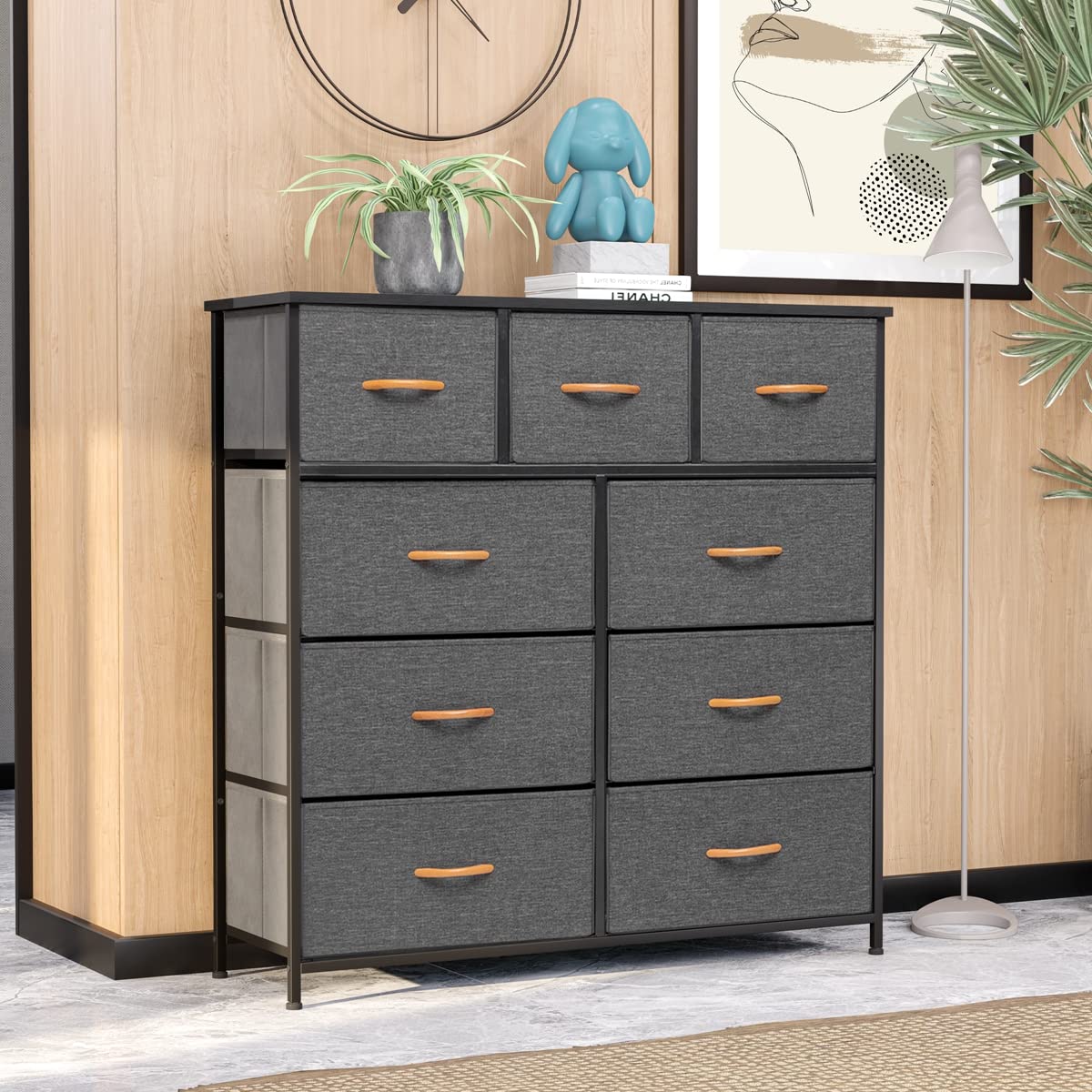 9-Drawer Wide Fabric Dresser with Steel Frame & Wooden Top - Nursery, Closet, Bedroom, Hallway & Office Storage Organizer - Perfect for Baby Clothes, Linens & Home Organization (Grey)
