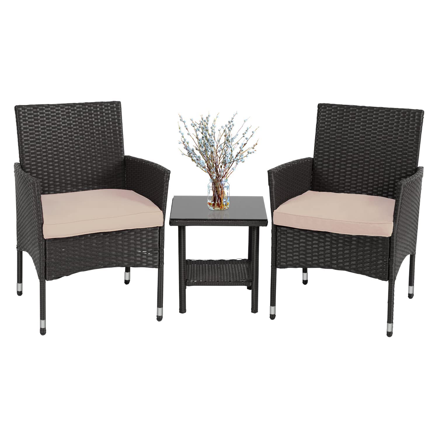 Premium 3-Piece Outdoor Patio Furniture Set - All-Weather Wicker Bistro Chairs & Table - Black & Beige Rattan Conversation Set for Garden, Backyard, Lawn, Porch, Poolside & Balcony - Perfect for Relaxing, Entertaining & Outdoor Dining