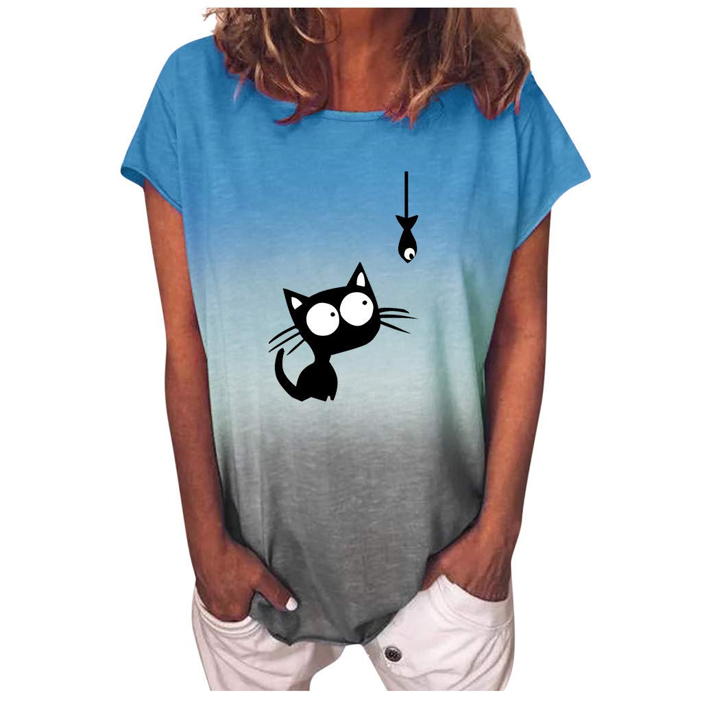 Women's Cute Cat Print Summer T-Shirt - Soft Cotton O-Neck Blouse Top for Casual Wear & Outfits | Perfect for Beach, Vacation & Everyday Fashion