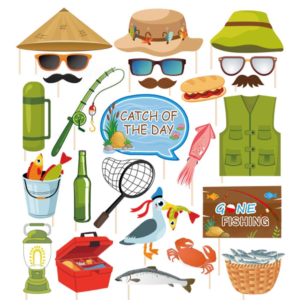 25-Piece Gone Fishing Photo Booth Props Kit - Fishing Rod, Hat, Vest, Crab & More - Perfect for Fishing Themed Parties, Baby Showers & Birthday Decorations
