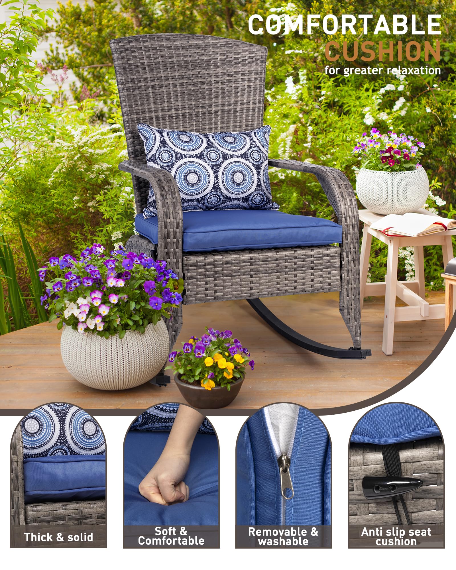 All-Weather Outdoor Rocking Chair - Rattan Patio Rocker with Steel Frame & 2 Replaceable Cushion Covers (Blue & White) - 350lbs Capacity, Grey - Perfect for Garden, Porch, and Backyard Relaxation