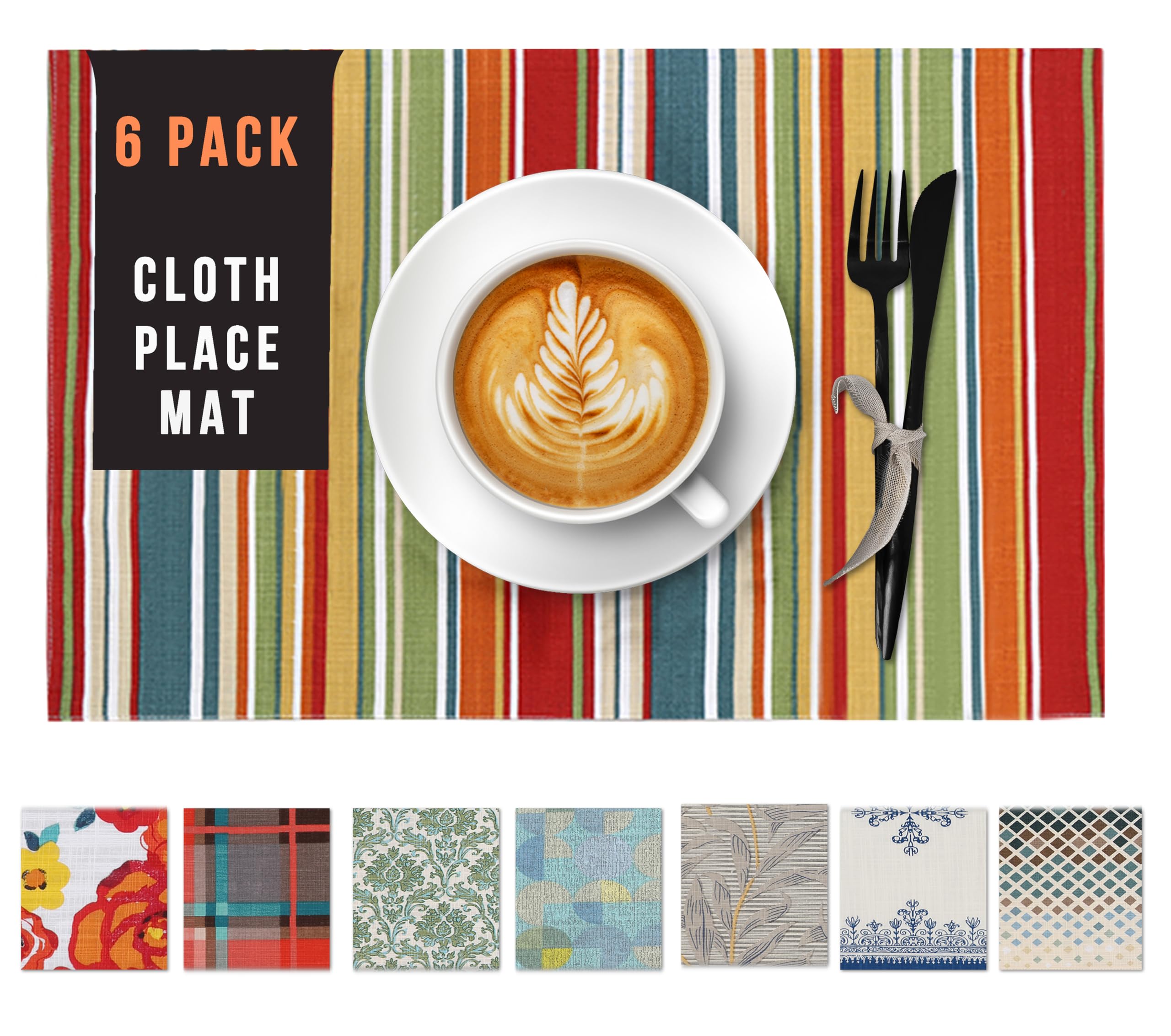 Premium Ruvanti 100% Cotton Placemats Set of 6 - 13x19 Inch Washable Dining Table Mats for Everyday Use, Holiday Dinners & Kitchen Decor | Multi-Stripe Design for Christmas, Thanksgiving & Family Gatherings