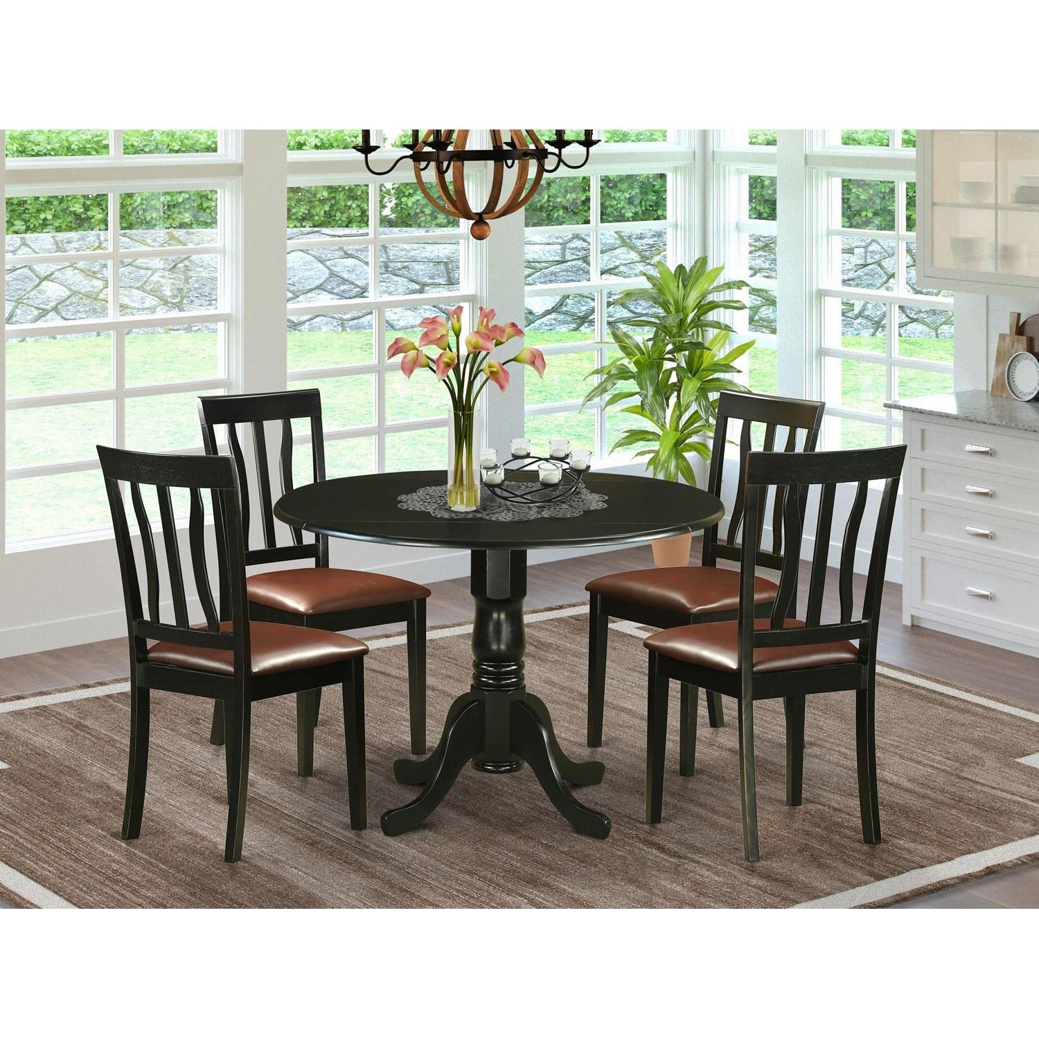 East West Furniture 5-Piece Black Dining Set with Round Drop-Leaf Table & 4 Faux Leather Chairs - 42x42 Inch Kitchen Table for Small Spaces, Breakfast Nook, Apartment Dining Room | Perfect for Family Meals & Entertaining Guests