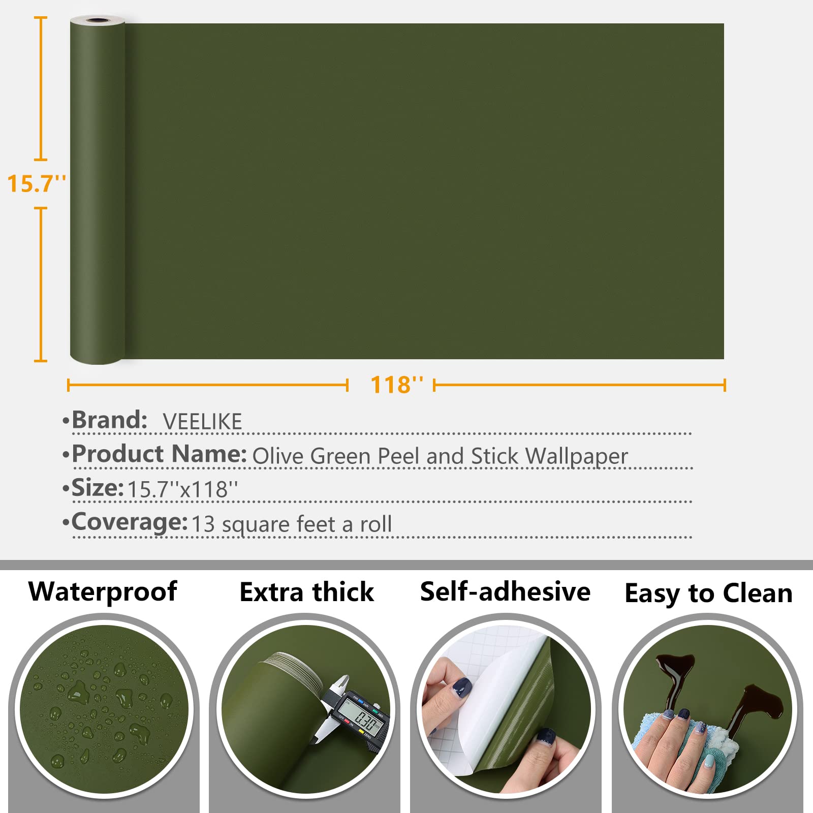 VEELIKE Olive Green Peel and Stick Wallpaper - 15.7''x118'' Waterproof Removable Vinyl Contact Paper for Cabinets, Walls, Shelves - Self Adhesive Wallpaper for Bedroom, Bathroom, Kitchen Countertops & Home Decor