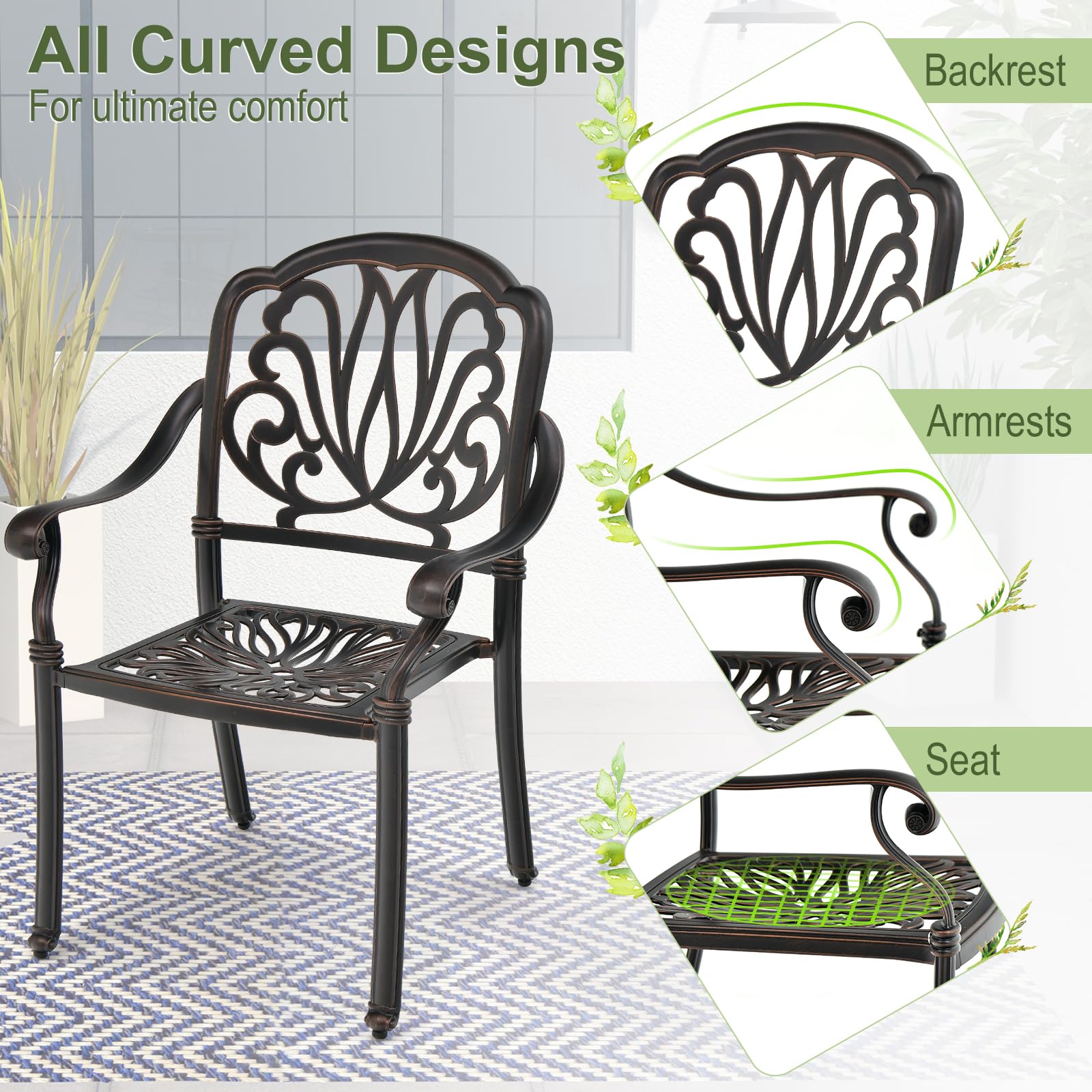 Tangkula Set of 2 Stackable Cast Aluminum Patio Dining Chairs with Armrests - Bronze Outdoor Bistro Chairs for Balcony, Backyard, Garden - Perfect for Outdoor Dining, Lounging & Entertaining