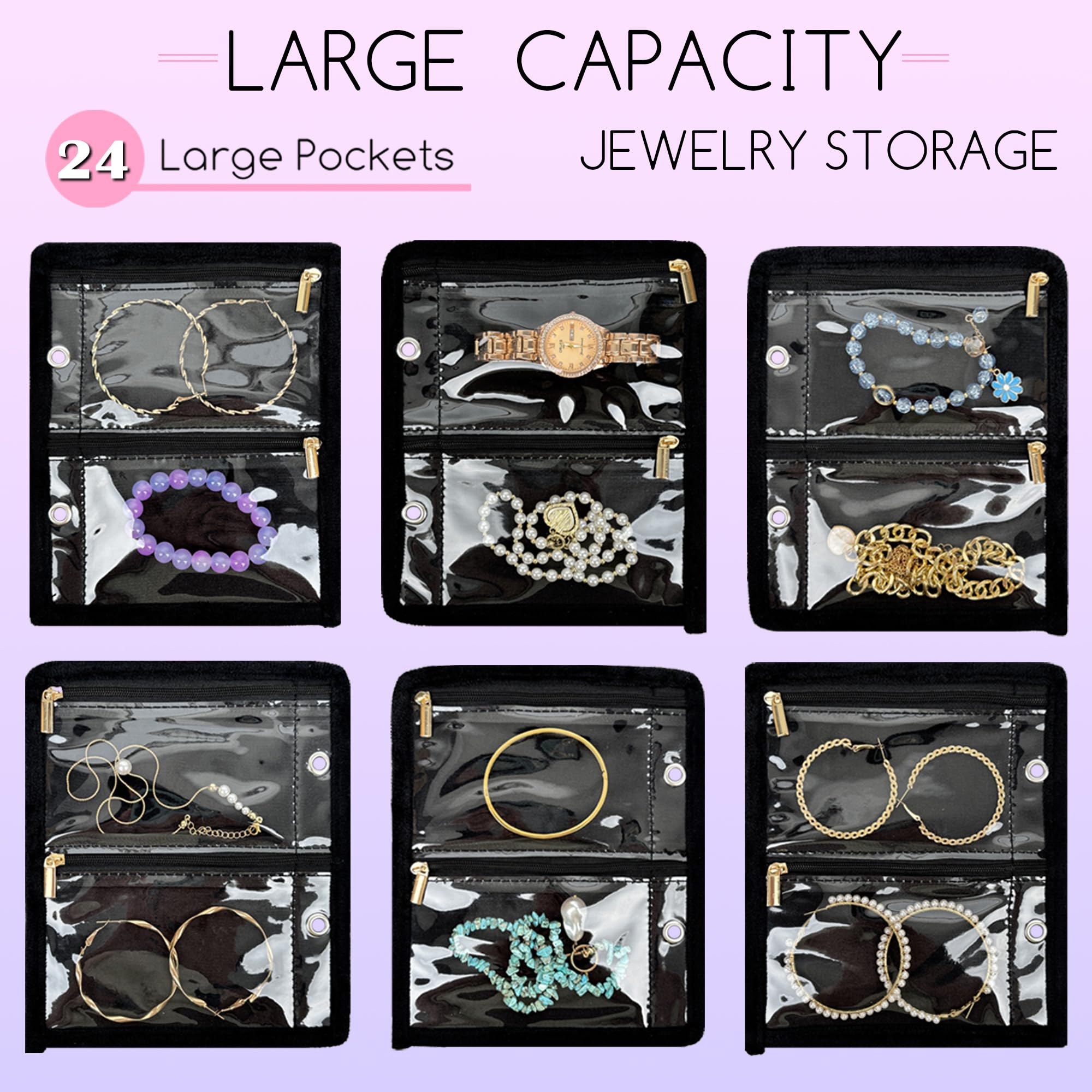 Travel Jewelry Organizer Case - 24 Pcs Clear Zipper Velvet Pouches for Earrings, Rings, Necklace, Bracelet & Watch Storage | Compact Jewelry Binder for Traveling & Organization (Black) - Perfect for Vacations, Business Trips & Daily Use