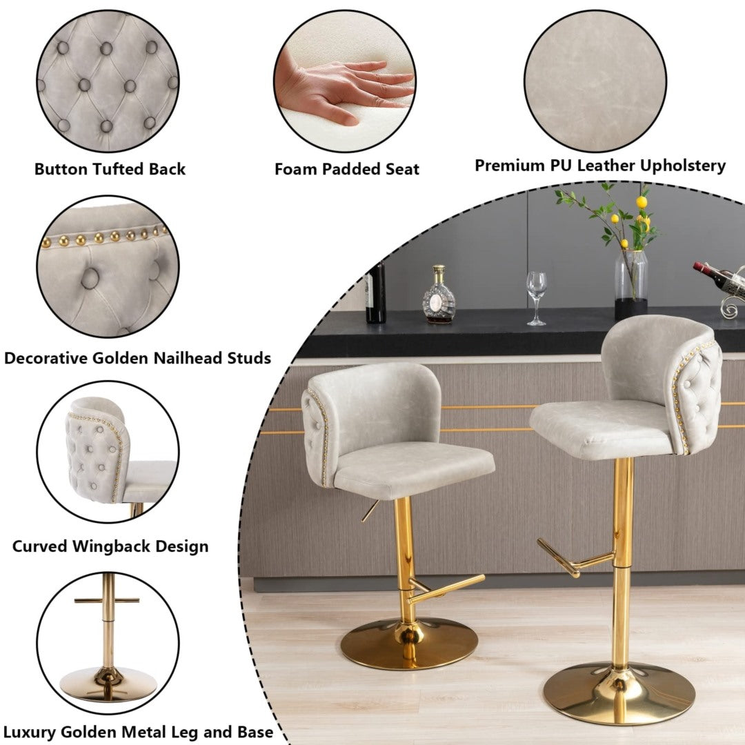 Premium Swivel Bar Stools with Golden Base - Genuine Leather Upholstery in Beige for Kitchen Island, Home Bar & Dining Room Decor