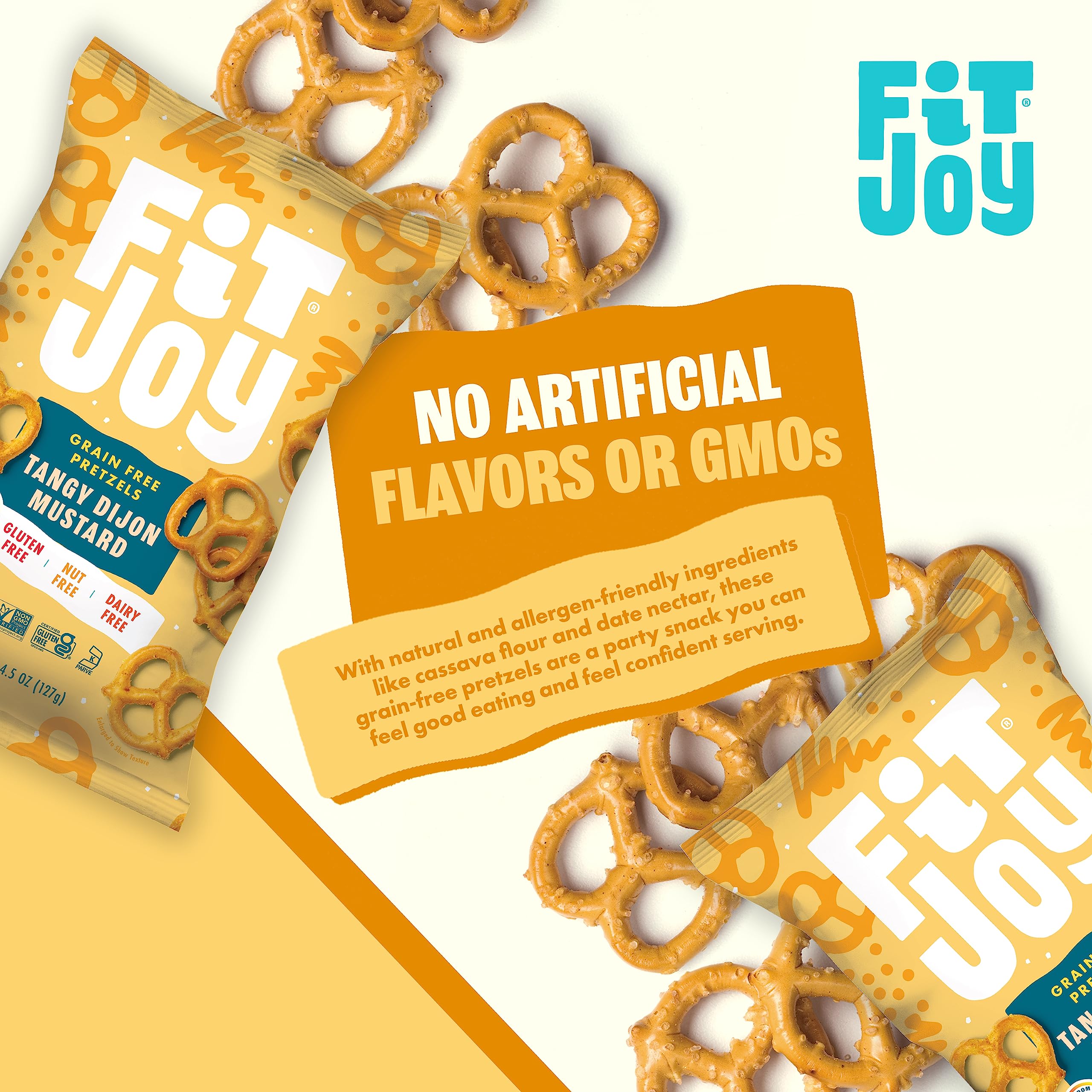 FitJoy Gluten Free Pretzels - Tangy Dijon Mustard Twists | Grain Free, Non-GMO, Vegan Certified Snacks | Made in USA, Nut Free, 4.5 Oz (6 Pack) | Perfect for Lunchboxes, Movie Nights & Healthy On-the-Go Snacking