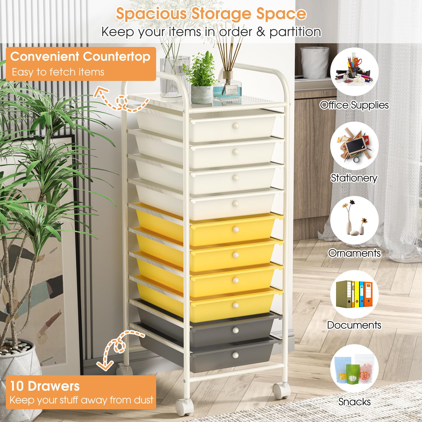 RELAX4LIFE 10-Drawer Rolling Cart with Lockable Wheels - Slim Mobile Storage Organizer for Classroom, Office, Craft Room - Perfect for Art Supplies, Paper, Scrapbooking & School Materials (Yellow) | Ideal for Teachers, Students & Home Organization