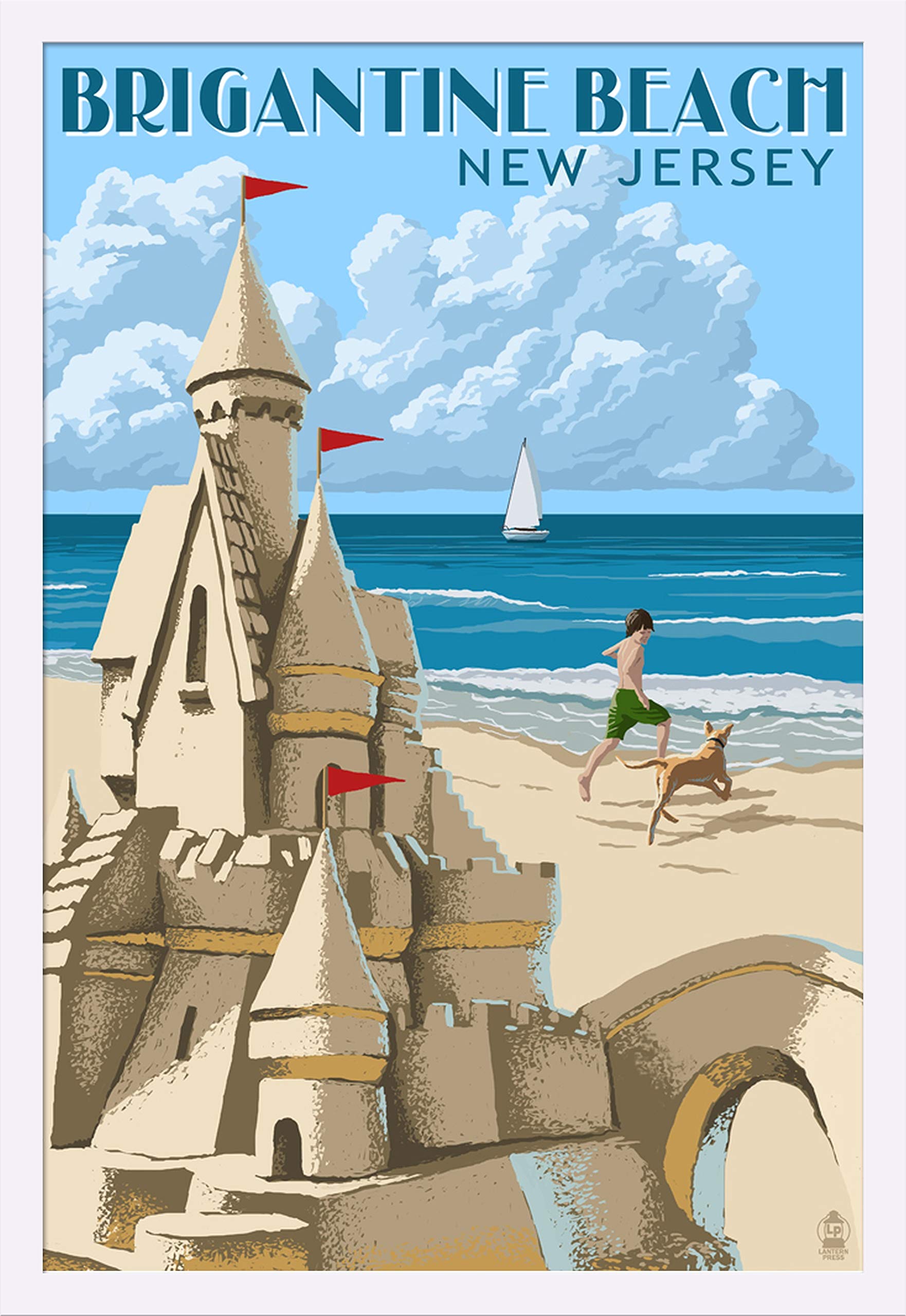 Brigantine Beach New Jersey Sandcastle 55137 - 24x36 Giclee Art Print Gallery Framed in White Wood - Perfect for Coastal Home Decor, Beach House Wall Art & Living Room Decorations