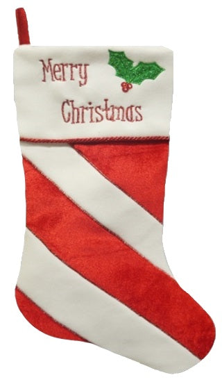20.5 Inch Red and White Striped Velvet Christmas Stocking with Holly Leaf Embroidery - Festive Holiday Decor for Fireplace Mantel, Gift Exchange & Christmas Tree Decoration