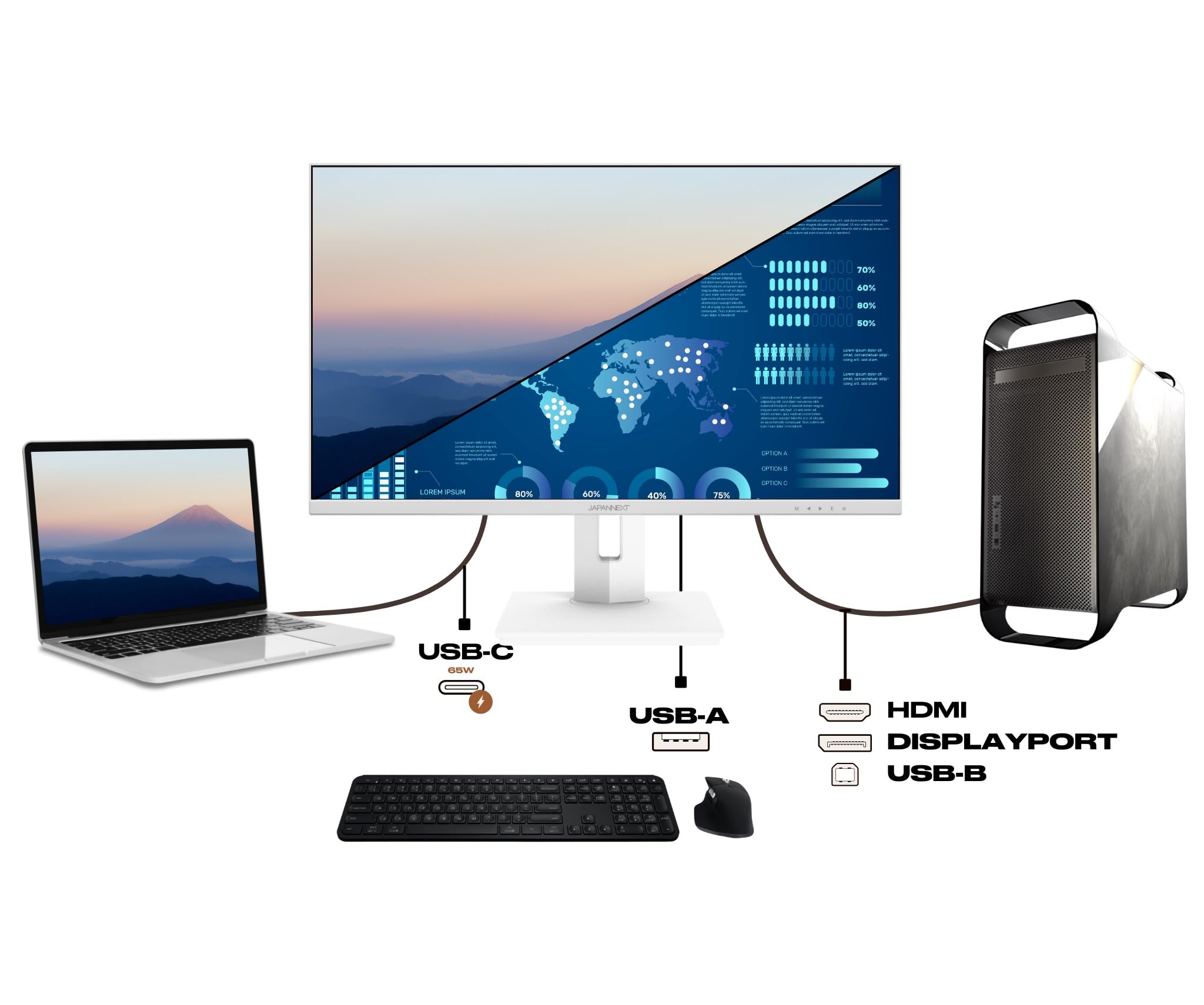 JapanNext 27-inch IPS 4K UHD Monitor (3840x2160) with HDR, USB-C Charging (65W), Height & Tilt Adjustable Stand, Built-in Speakers, G-Sync/FreeSync - JN-IPS27UHDR-C65W-HSP-W - Perfect for Home Office, Gaming, and Graphic Design