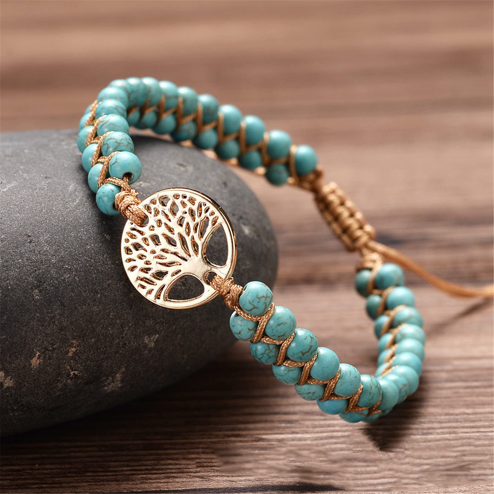 Natural Stone Beaded Tree of Life Bracelet - Adjustable Braided Rope Chakra Meditation Jewelry for Women & Men - Anxiety Relief, Yoga Accessory - Geometric Design in Blue | Perfect for Spiritual Healing, Mindfulness Practice & Boho Fashion