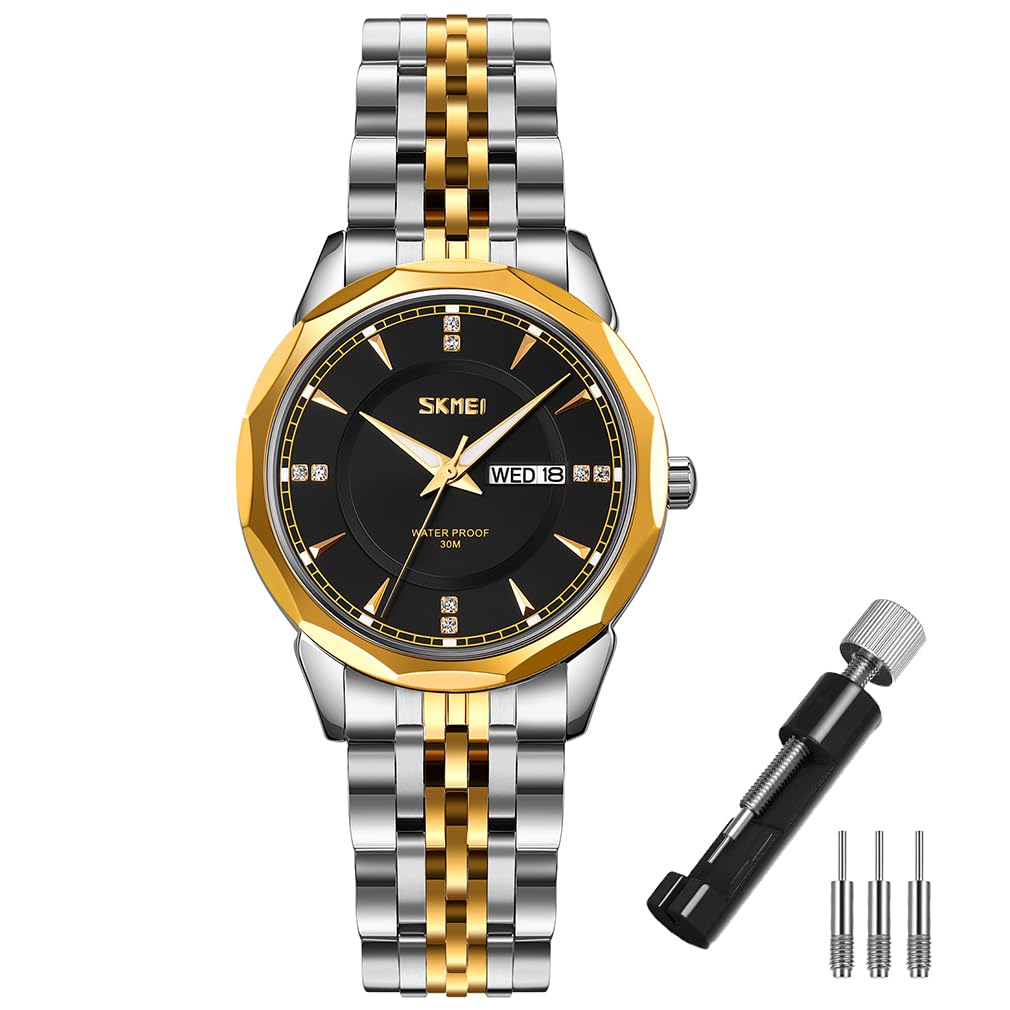 SKMEI Women's Luxury Stainless Steel Dress Watch - Classic Analog Waterproof Business Wristwatch with Day & Date Display, Elegant Silver & Gold Options - Perfect Gift for Wife, Ladies & Female Professionals (Office, Formal Events, Daily Wear)