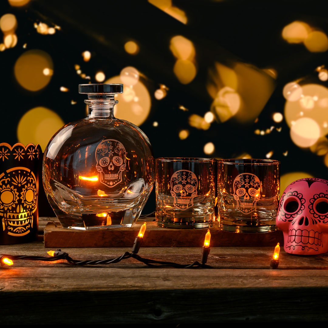Sugar Skull 11oz Whiskey Glasses Set of 12 - Handcrafted Rocks Glasses for Bourbon, Scotch & Cocktails - Perfect for Halloween Parties, Dia de Los Muertos Celebrations & Home Bar Decor