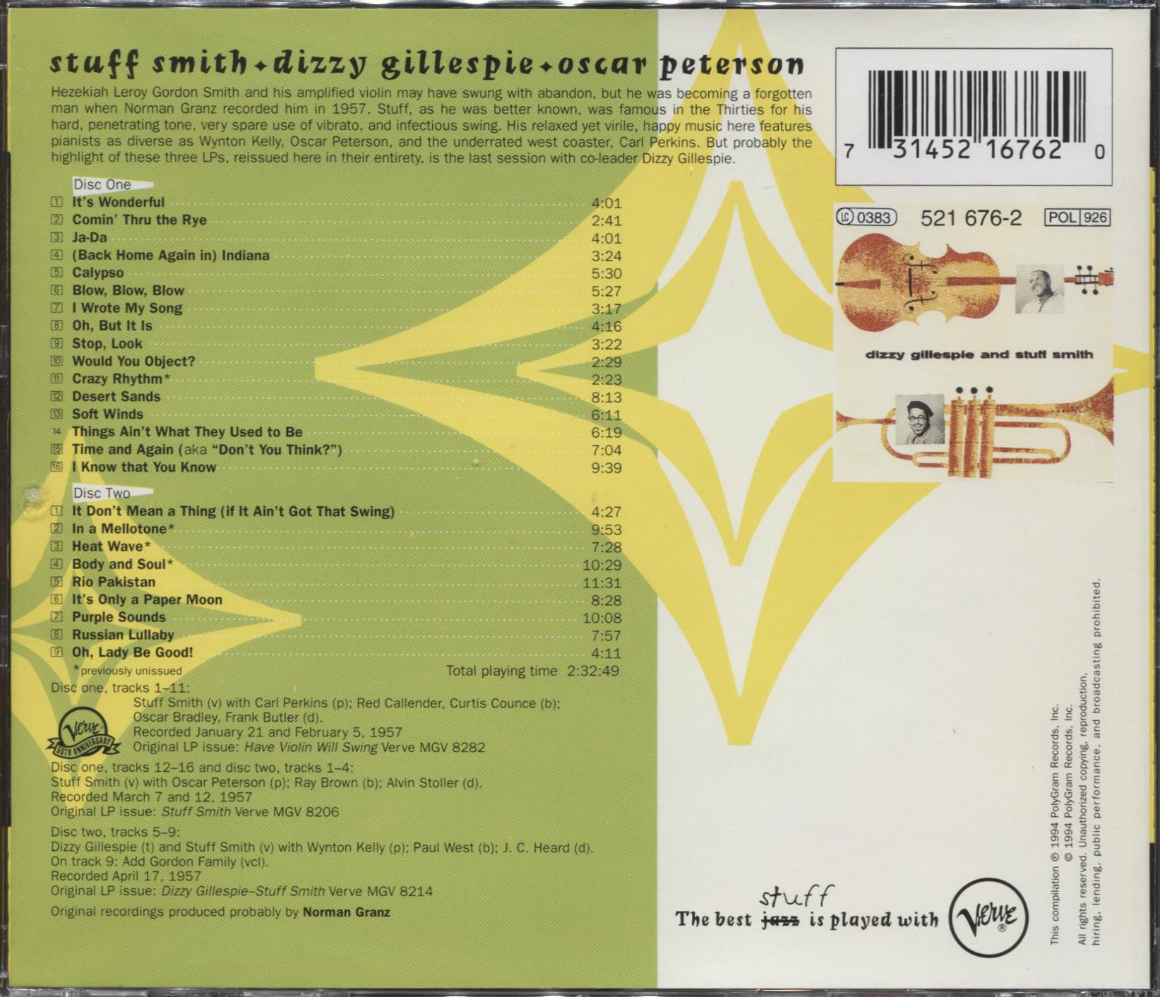 Stuff Smith, Dizzy Gillespie & Oscar Peterson Jazz Music Album - Classic Jazz Collection for Relaxation, Dinner Parties & Study Sessions