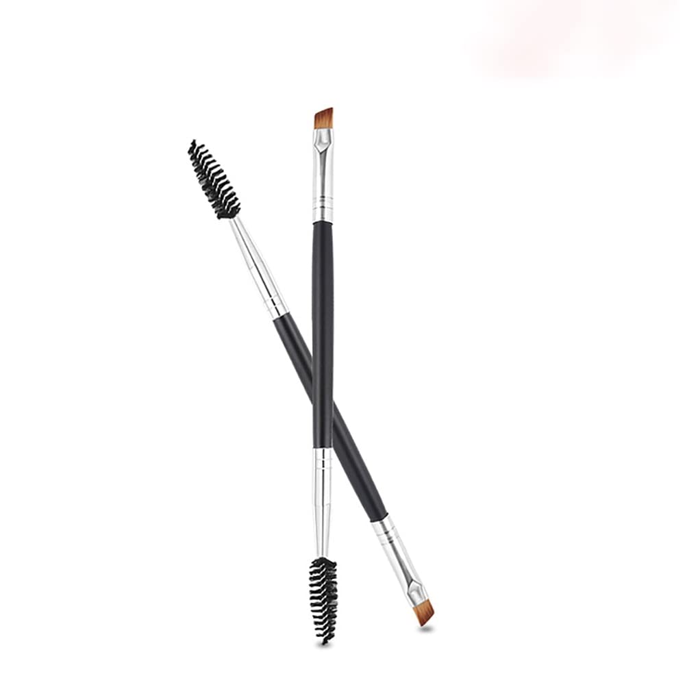 2-Piece Double Head Eyebrow & Eyelash Brush Set - Slanted Angle Makeup Brush with Comb for Precise Brows & Lashes - Portable Beauty Cosmetic Tools (Black Handle) - Perfect for Travel, Professional Makeup & Everyday Beauty Routine