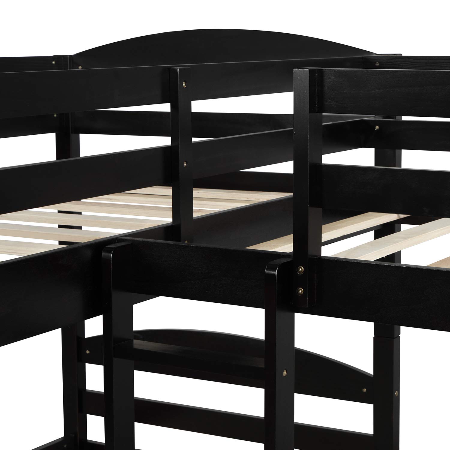 KLMM Solid Wood L-Shaped Bunk Bed with Trundle - Twin Size Bunk Bed Frame with Guardrail & Ladders for Kids & Adults (Espresso) - Space-Saving 5-Person Sleeper for Small Rooms, Guest Rooms & Vacation Homes