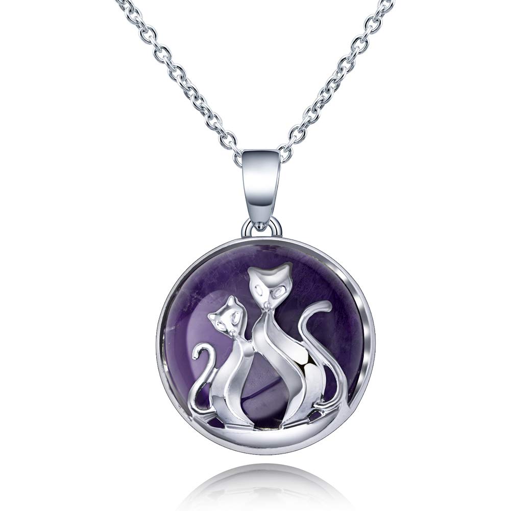 Majitangcun Round Healing Crystal Necklace - Chakra Balancing Gemstone Pendant with Lucky Cat Charm, Reiki Meditation Stone Jewelry in Stainless Steel Chain & Gift Box - Perfect for Yoga, Spiritual Healing & Positive Energy Gifts