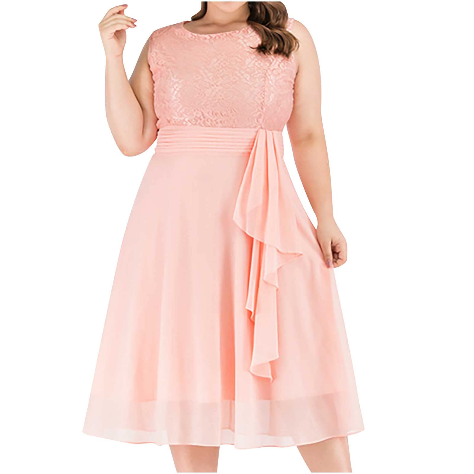 bmkBWO Women's Sleeveless Plus Size Floral Chiffon Dress - Elegant Crewneck A-Line Midi Dress for Wedding Guest, Party & Special Occasions
