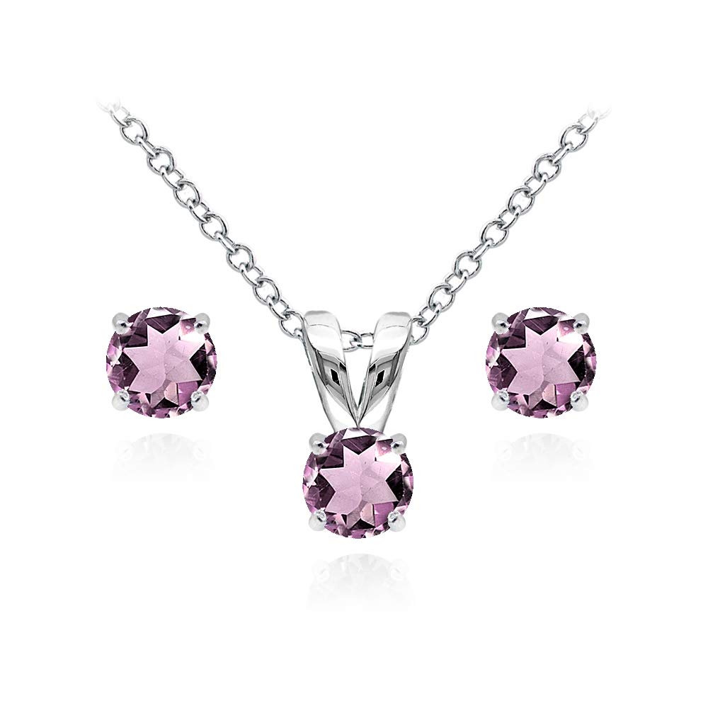 Women's Jewelry Set - Sterling Silver Necklace & Earrings with 5mm Round Birthstone (Genuine/Synthetic Gem) | Perfect for Gifts, Anniversaries & Everyday Wear