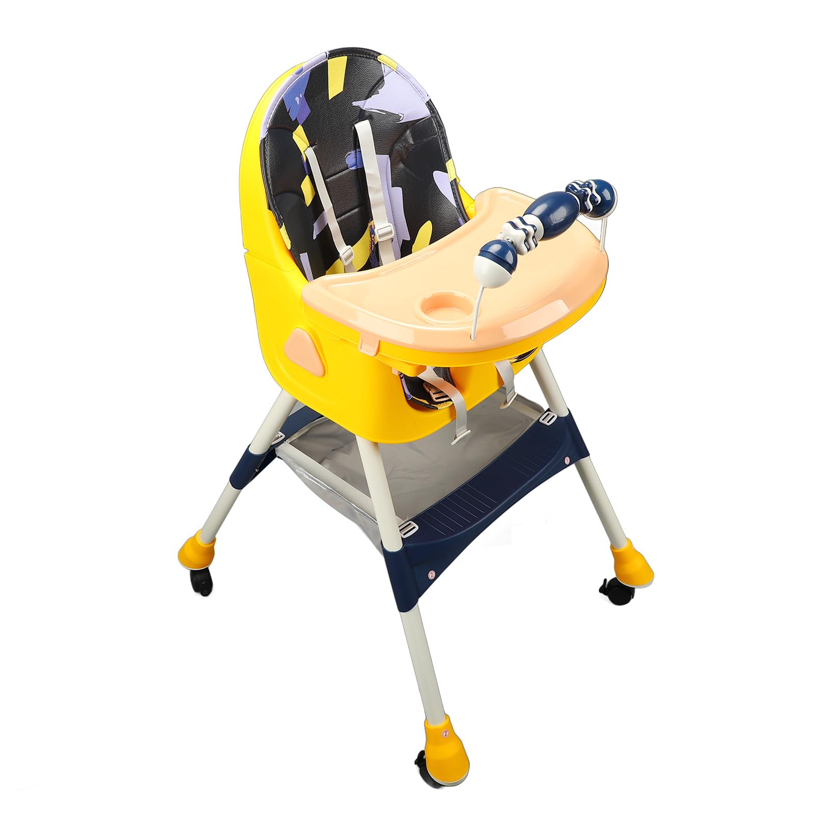 Foldable Baby High Chair with Locking Wheels & Removable Trays - Adjustable Dining Booster Seat with Bib & Suction Plate for Toddlers - Perfect for Home, Restaurant & Travel Use