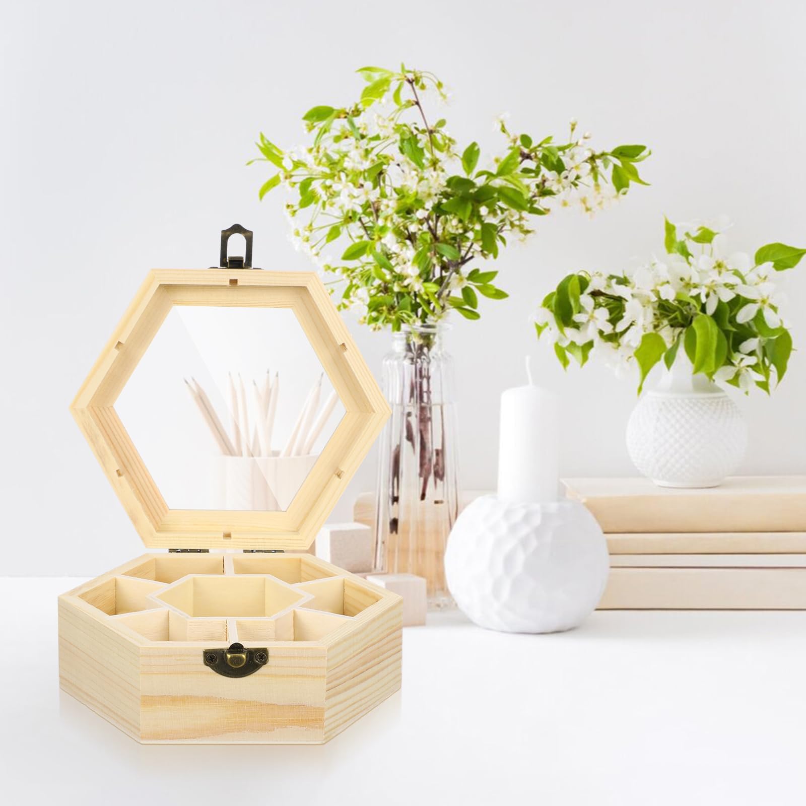 Healifty Unfinished Wooden Hexagon Jewelry Organizer Box - 7 Compartments Trinket Storage for Necklaces, Bracelets & Rings | Perfect for Bedroom Vanity, Travel Jewelry Case & Gift Packaging