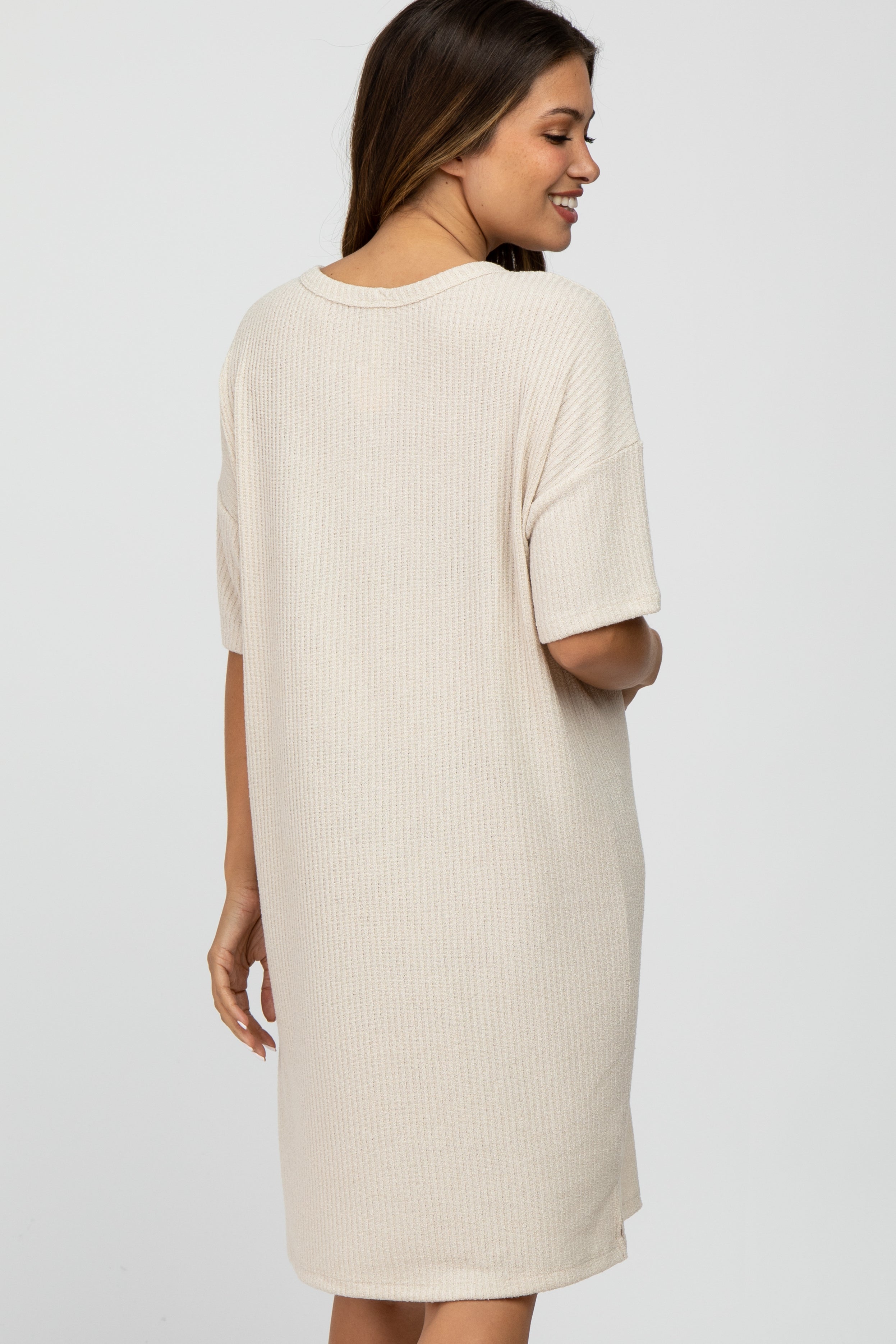 Beige Ribbed Maternity Dress with Front Pockets - Comfortable Pregnancy Clothes for Work, Casual Outings & Baby Showers