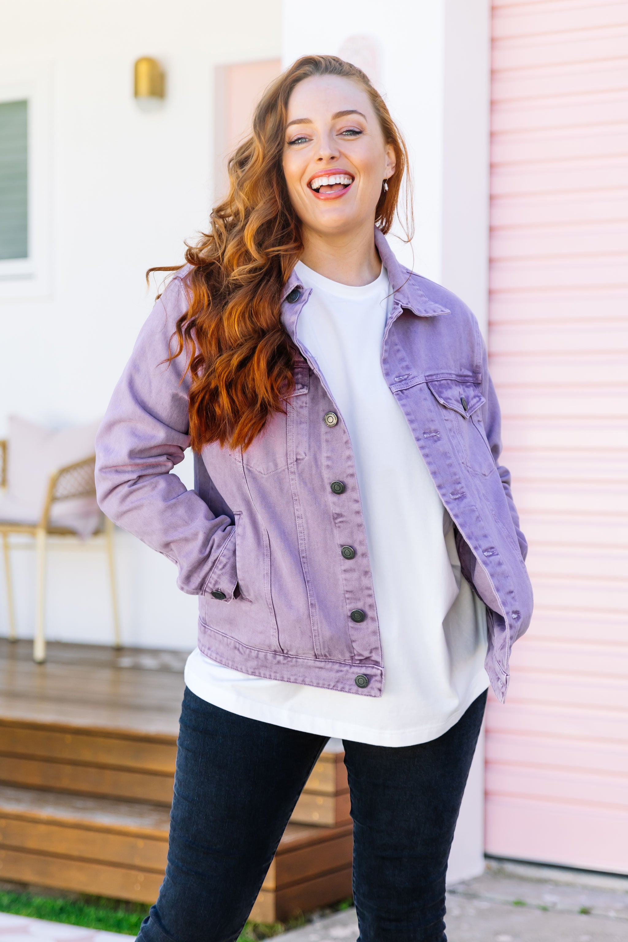 Hayden Boyfriend Denim Jacket in Washed Purple | Vintage Style Women's Distressed Denim Jacket | Perfect for Casual Outfits, Streetwear & Fall Layering