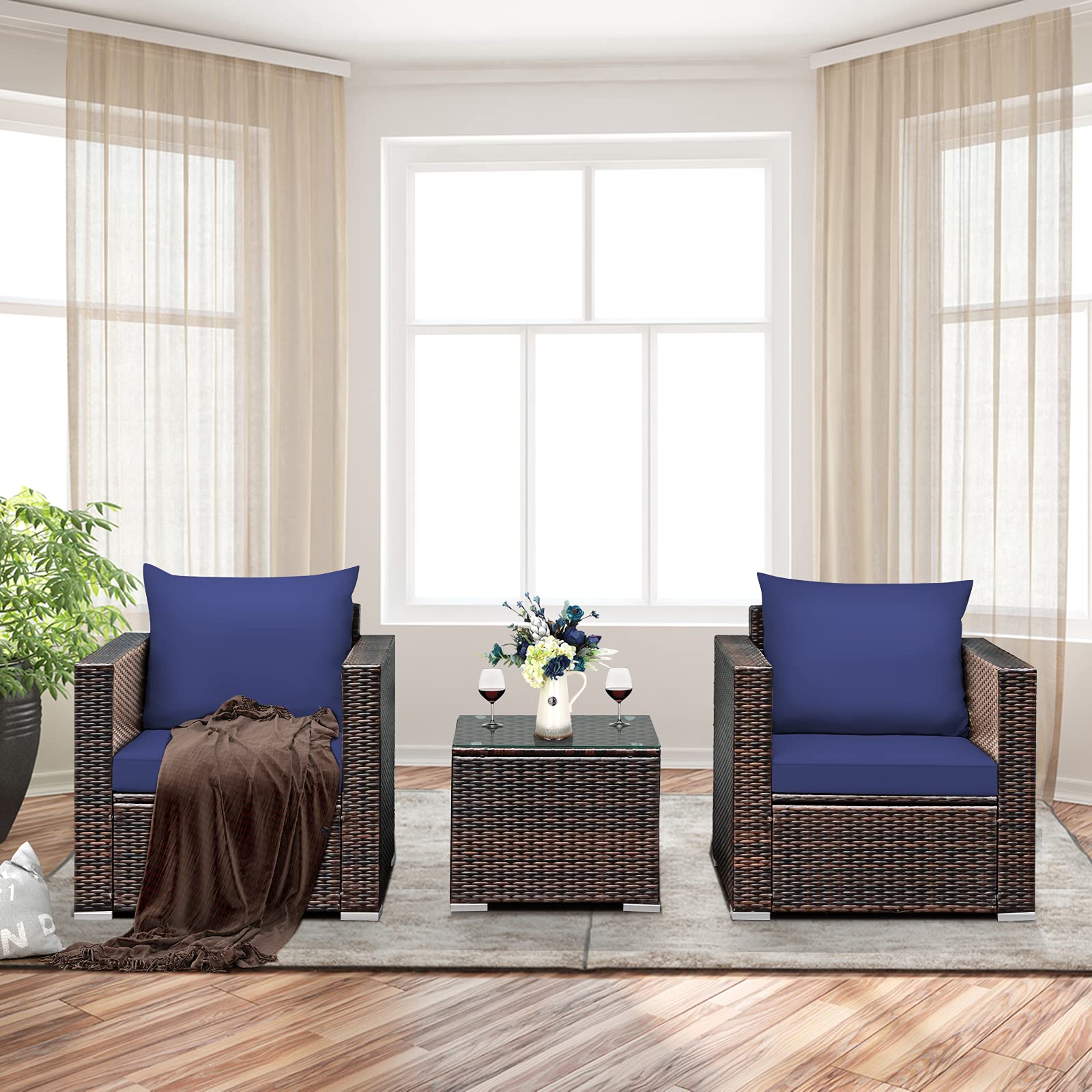 Tangkula 3-Piece Outdoor Patio Furniture Set - PE Rattan Wicker Sofa with Washable Cushions & Tempered Glass Table - Garden, Poolside, Balcony Conversation Set for Relaxing & Entertaining
