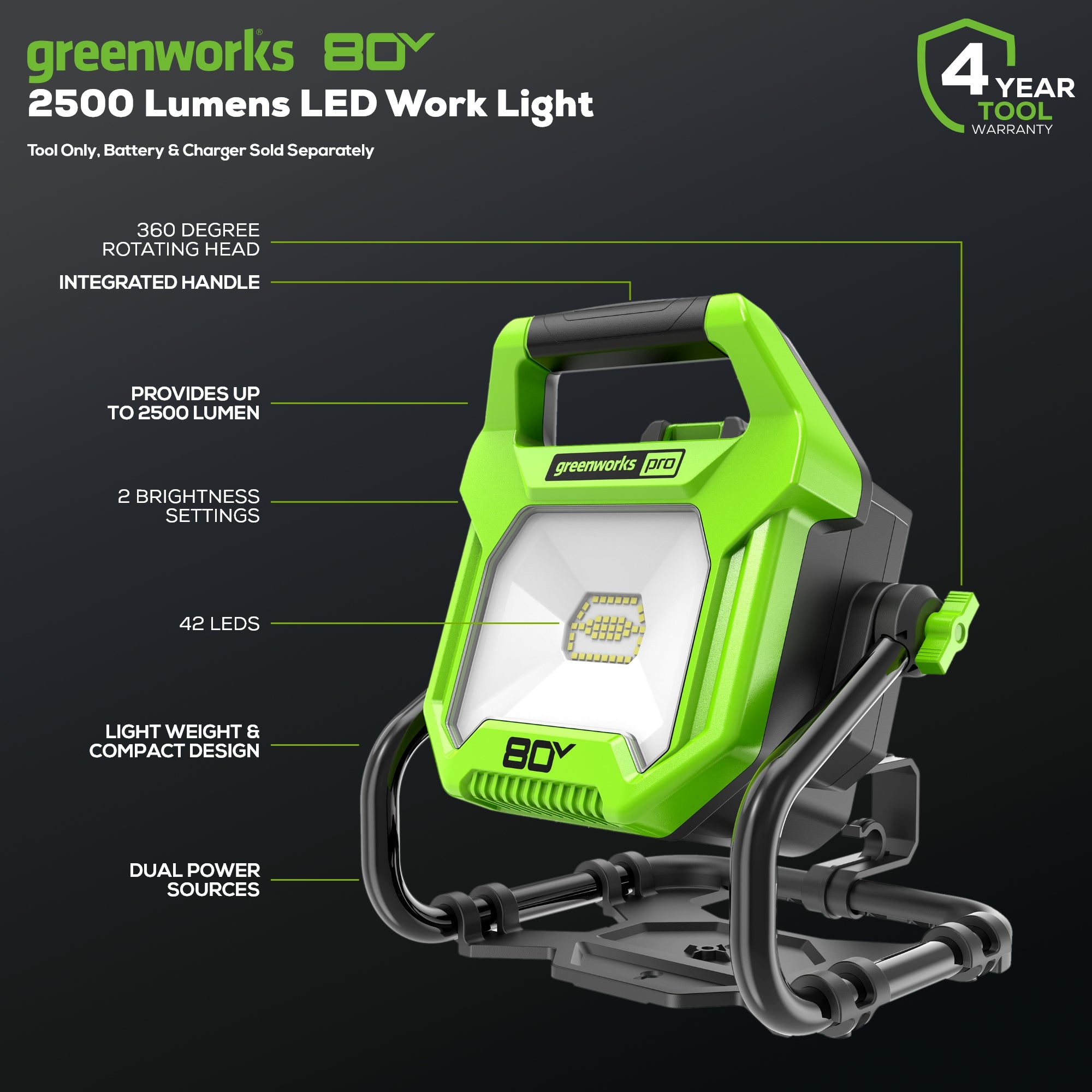 80V AC/DC 2500 Lumen LED Work Light - Heavy Duty Portable Job Site Lighting for Construction, Automotive Repair, and Outdoor Projects (Tool Only)