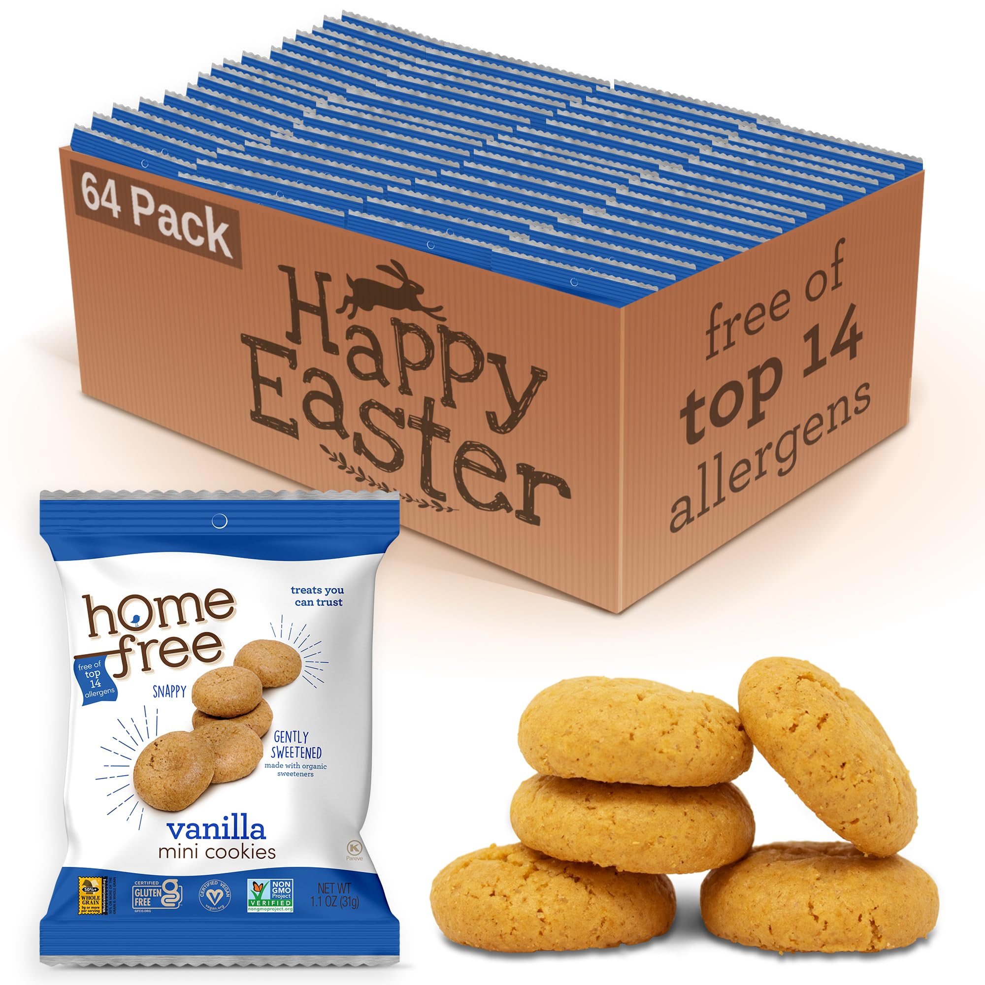 Gluten Free Mini Cookies Vanilla - 70% Organic, Single Serve Snacks (1.1oz, Pack of 64) | Homefree Trusted Treats for School Lunches, Travel & On-the-Go Healthy Snacking