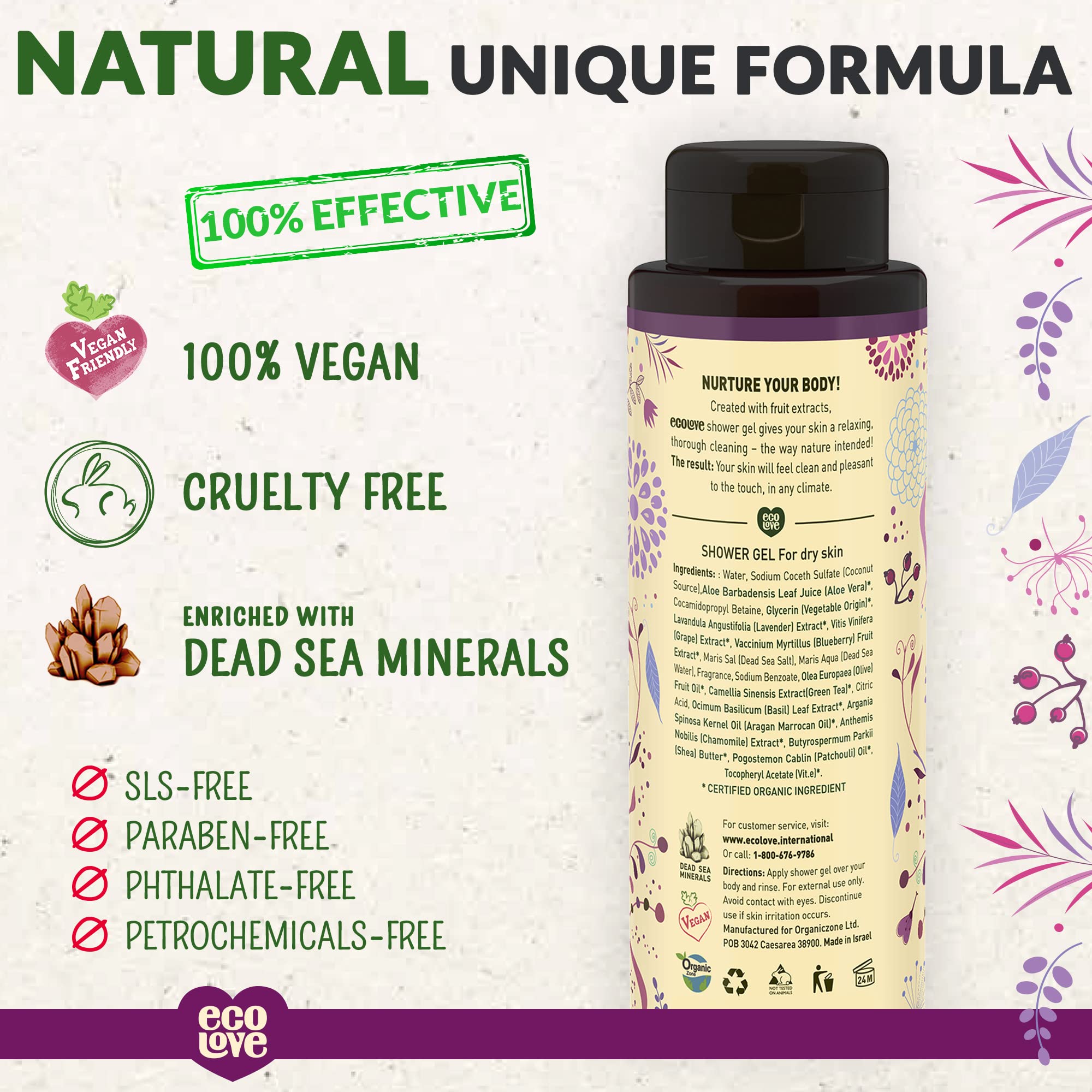 EcoLove Natural Moisturizing Body Wash for Dry Skin - Organic Blueberry, Grape & Lavender Scented Vegan Shower Gel - SLS & Paraben Free, Cruelty-Free, 17.6 oz - Hydrating Daily Shower Solution for Sensitive Skin & Winter Care